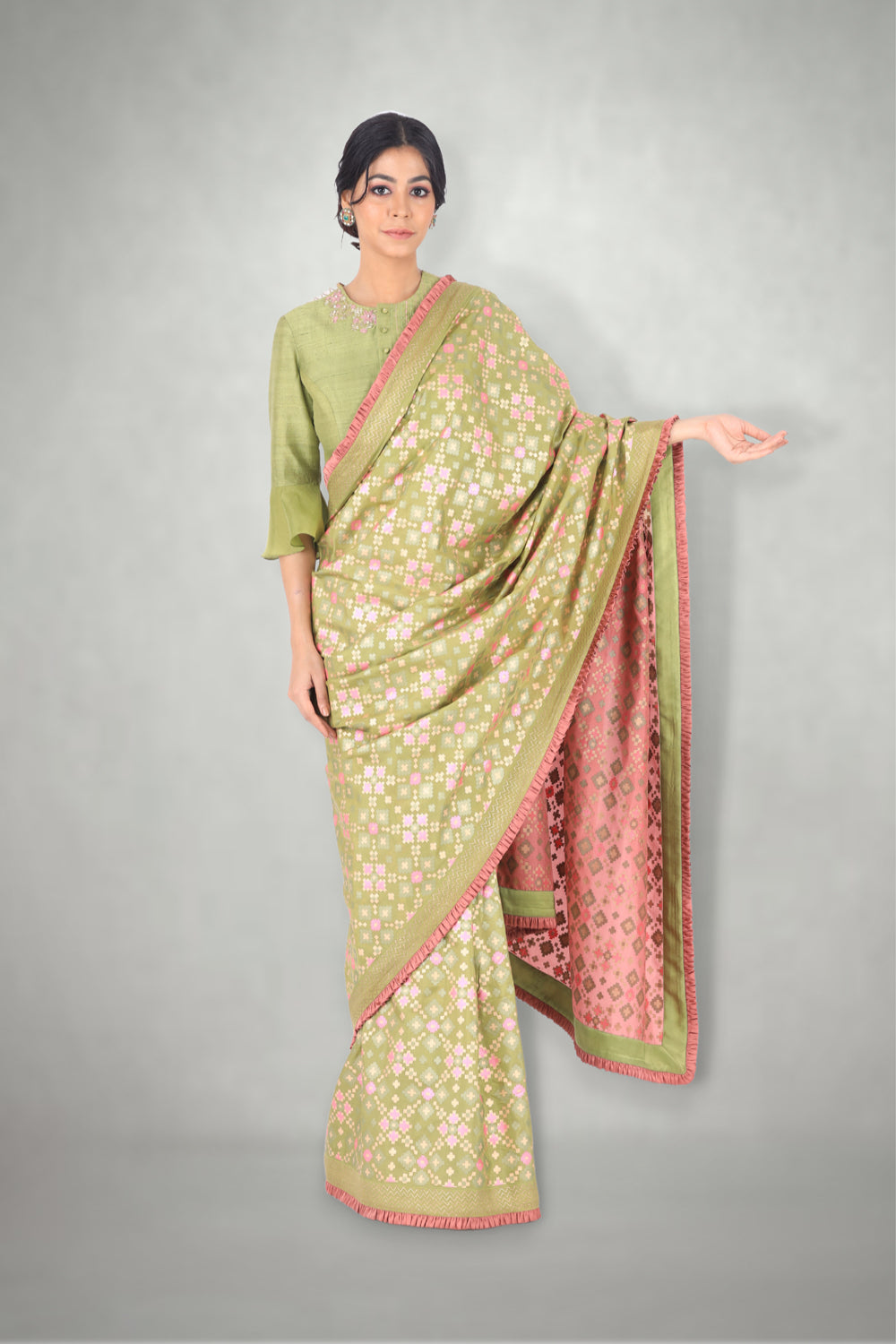 Green Pink Ombre  Ikat Printed Silk Saree