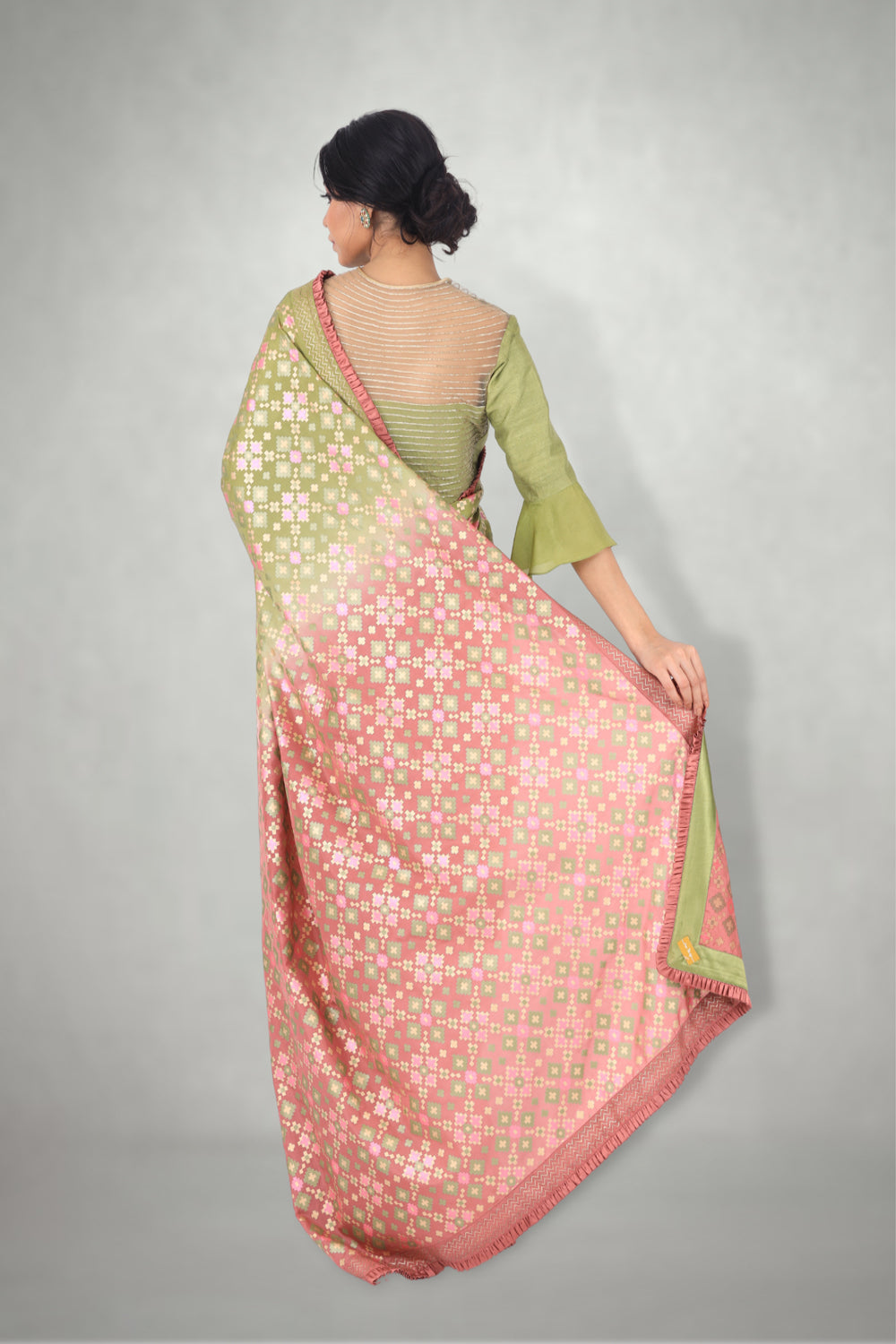 Green Pink Ombre  Ikat Printed Silk Saree