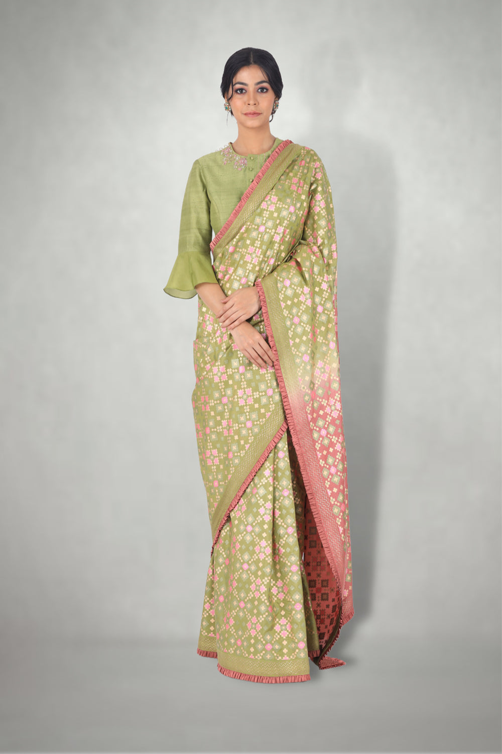 Green Pink Ombre  Ikat Printed Silk Saree