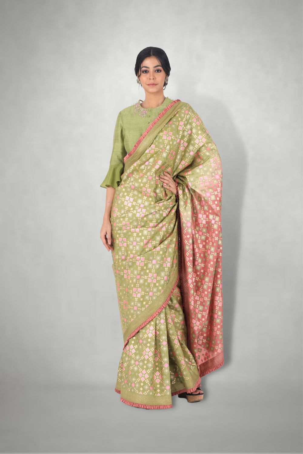 Green Pink Ombre  Ikat Printed Silk Saree