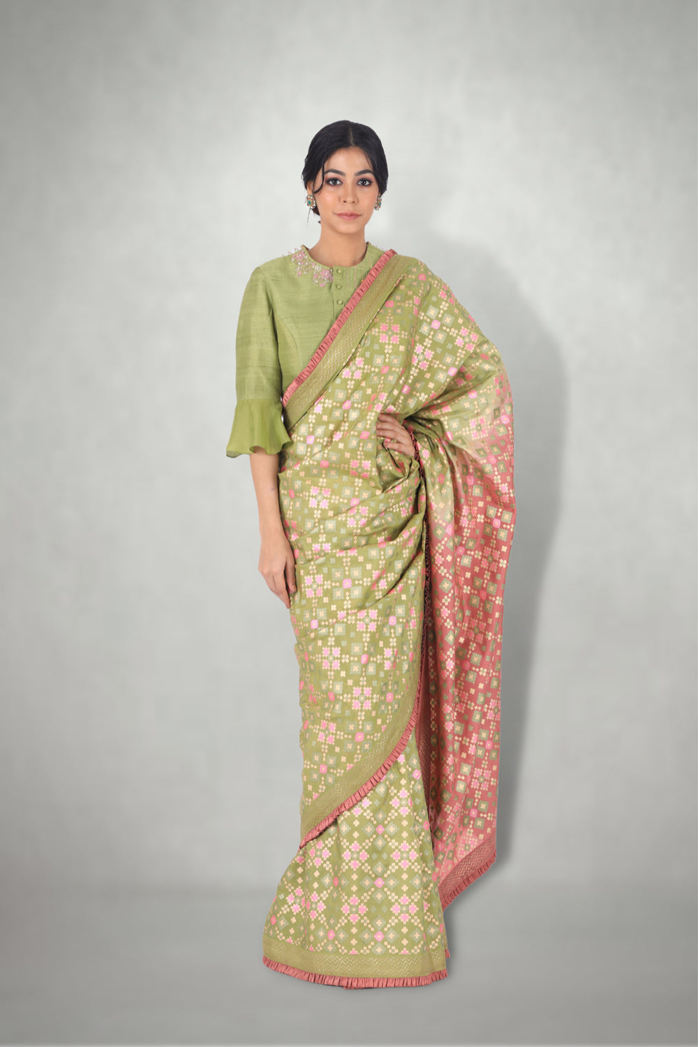 Green Pink Ombre  Ikat Printed Silk Saree