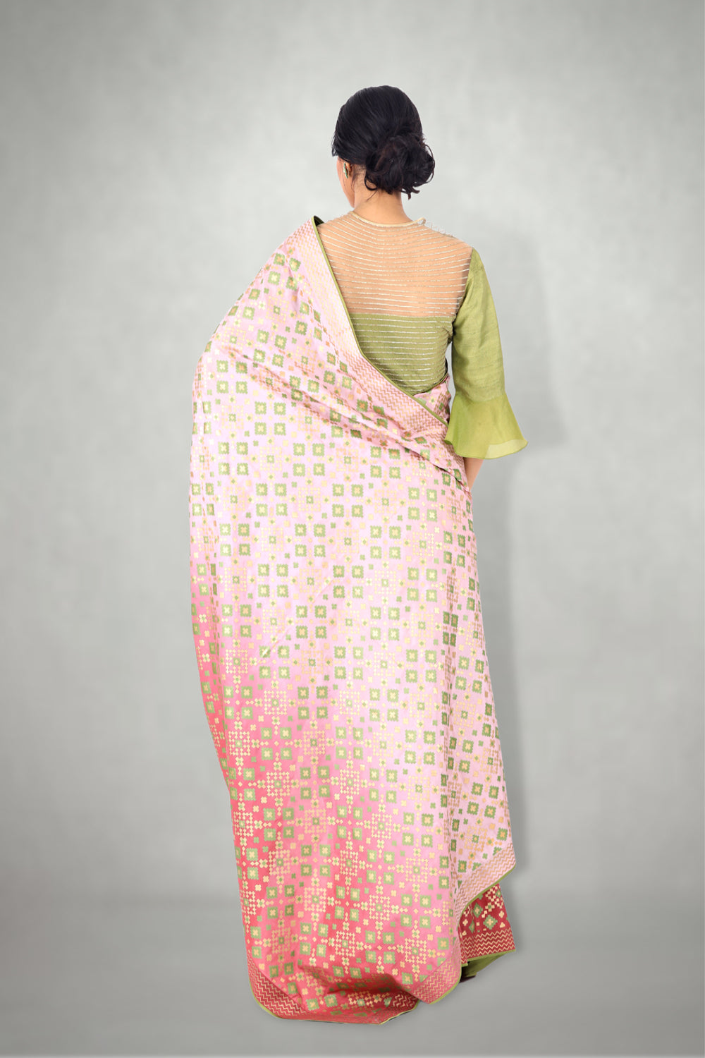 Lilac Pink Ombre  Ikat Printed Silk Saree Only