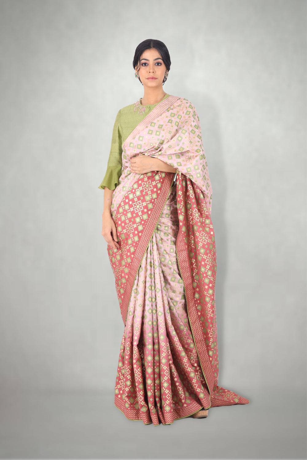 Lilac Pink Ombre  Ikat Printed Silk Saree Only