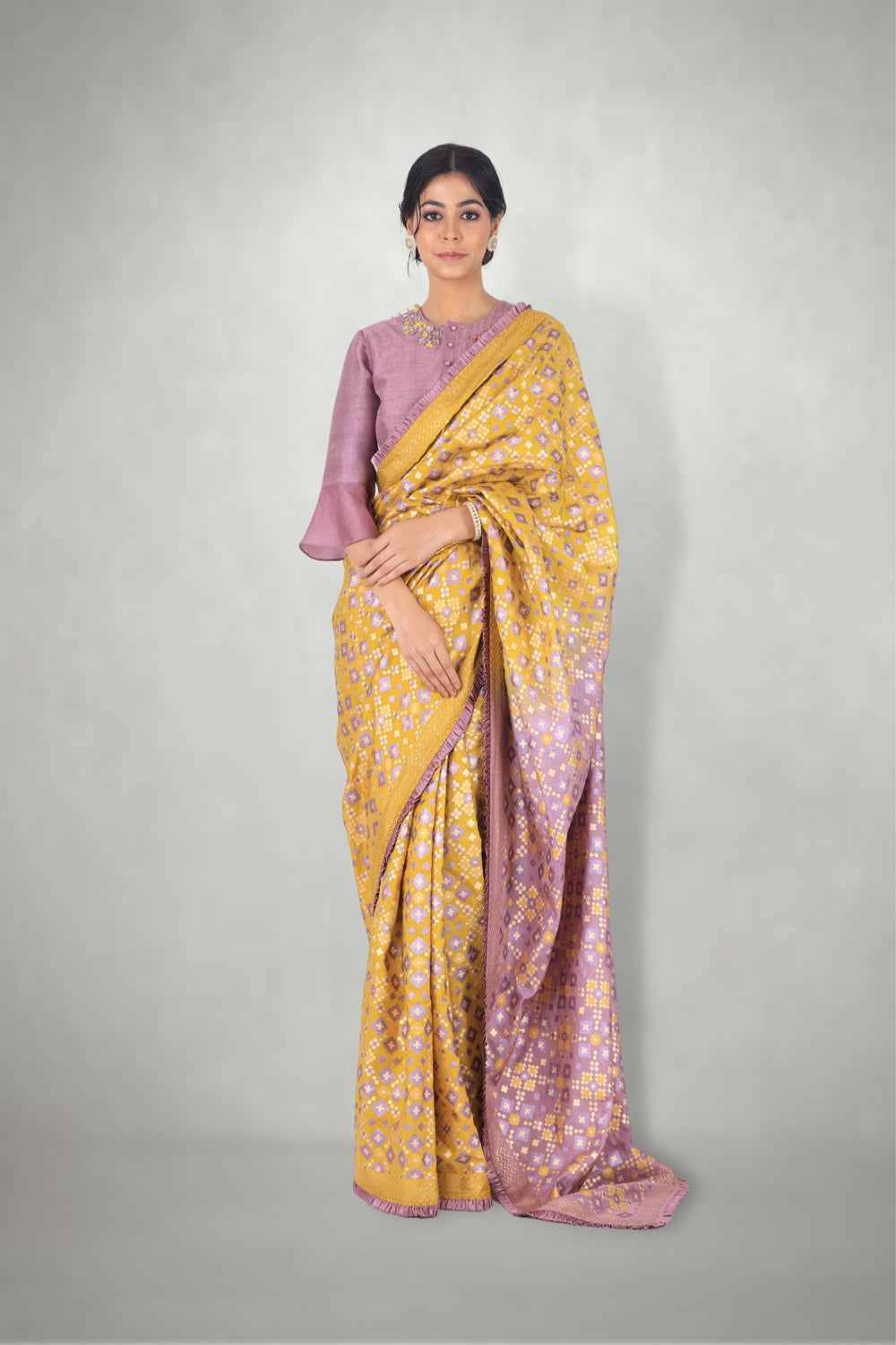 Mauve & Mustard Ombre Ikat Printed Saree