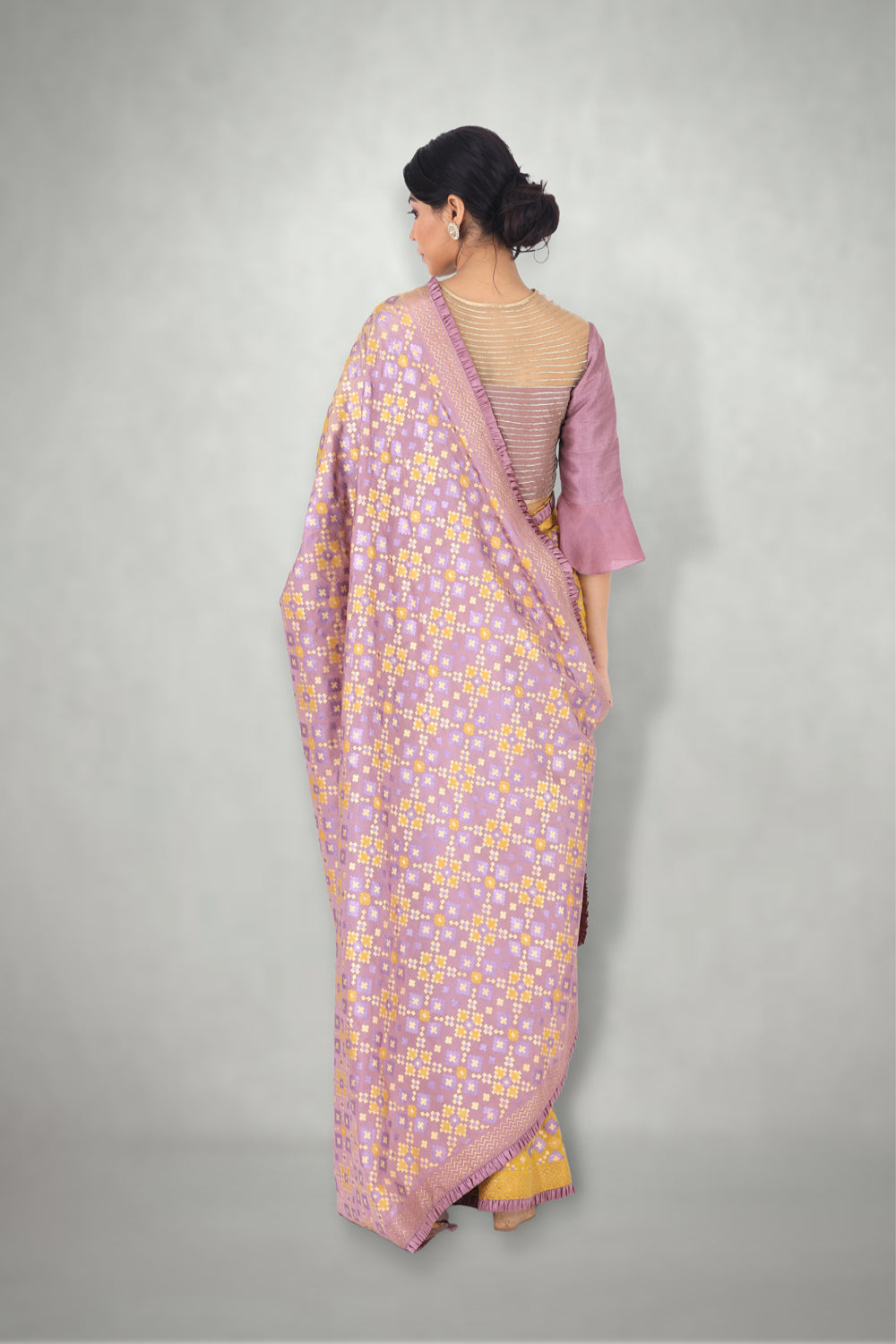 Mauve & Mustard Ombre Ikat Printed Saree