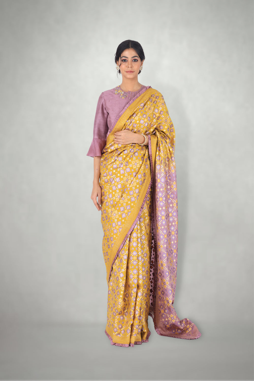 Mauve & Mustard Ombre Ikat Printed Saree