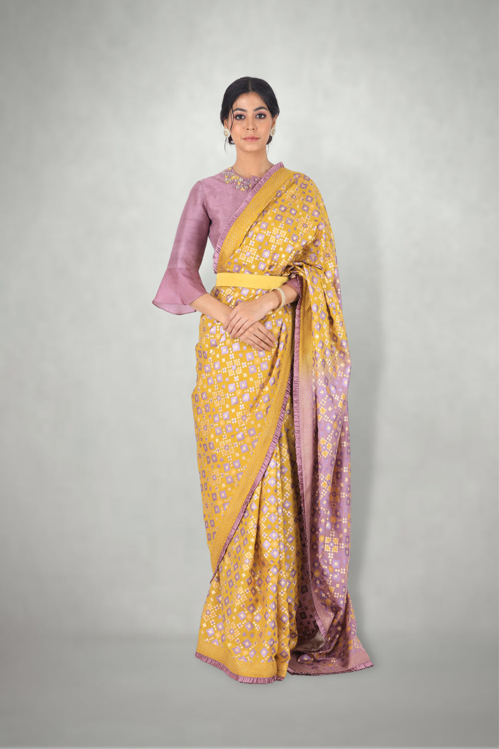 Mauve & Mustard Ombre Ikat Printed Saree