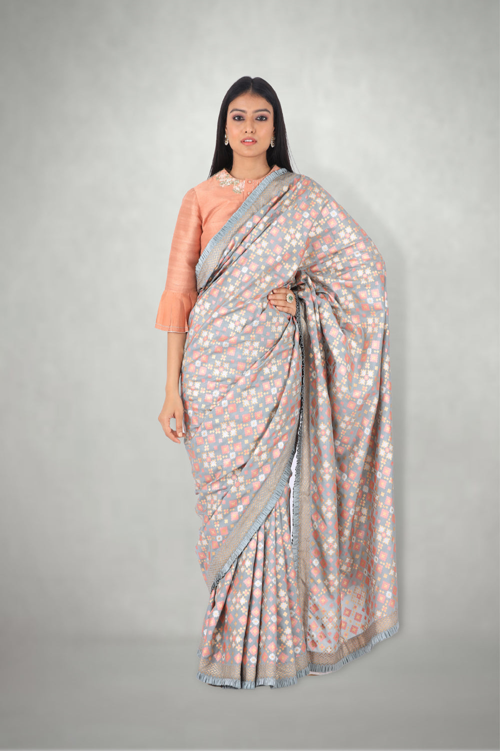 Mint Peach  Ikat Printed Silk Saree Only