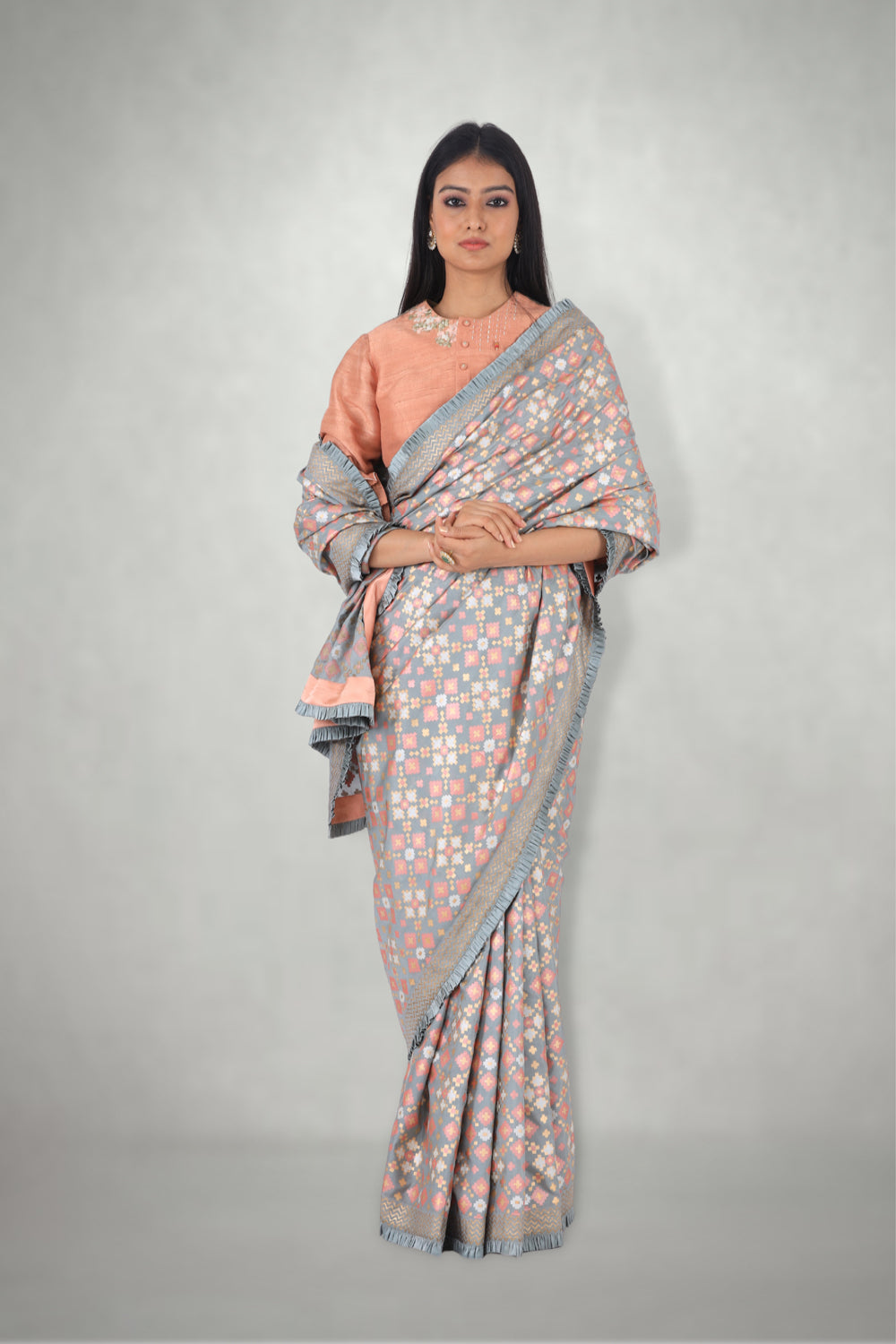 Mint Peach  Ikat Printed Silk Saree Only