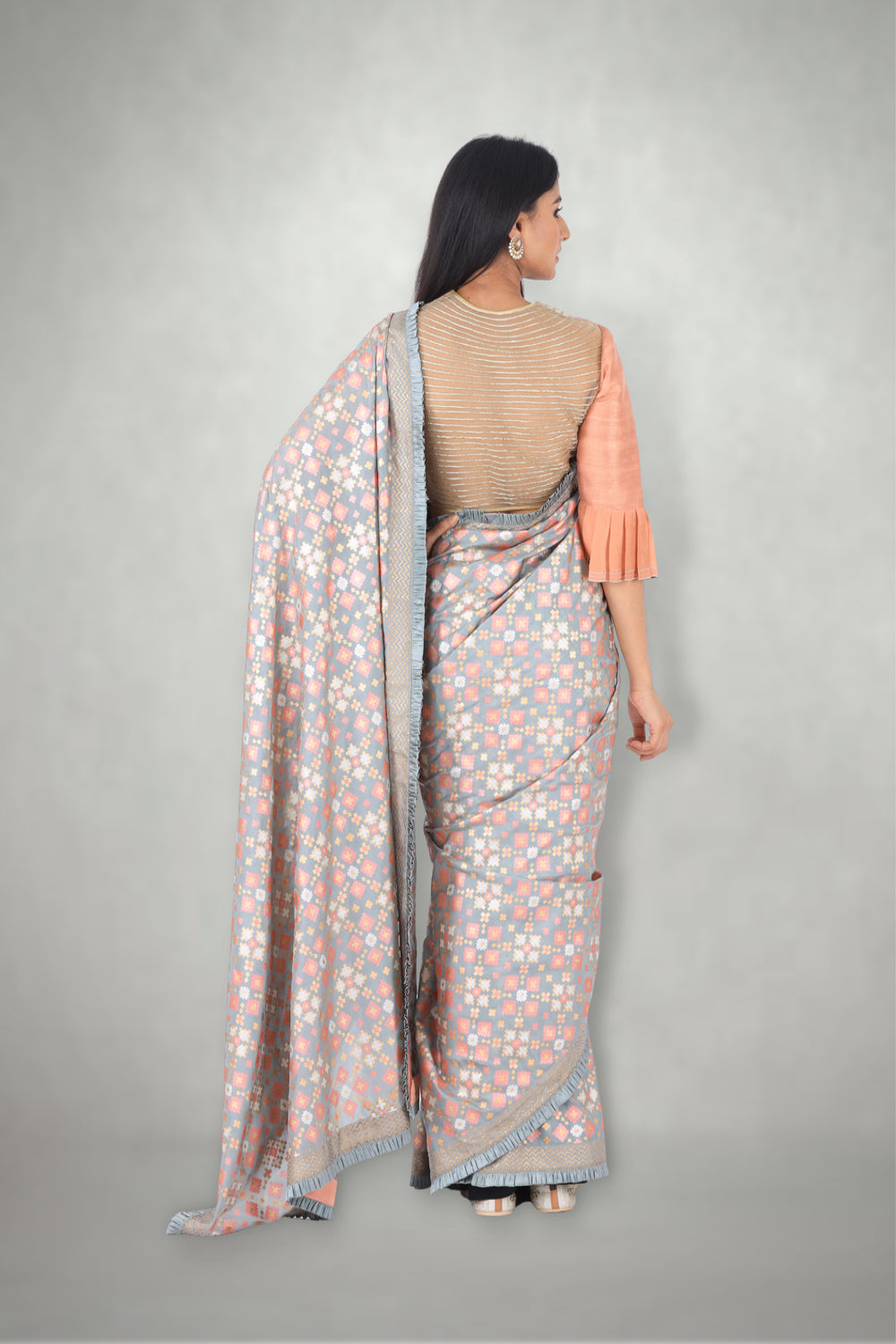 Mint Peach  Ikat Printed Silk Saree Only