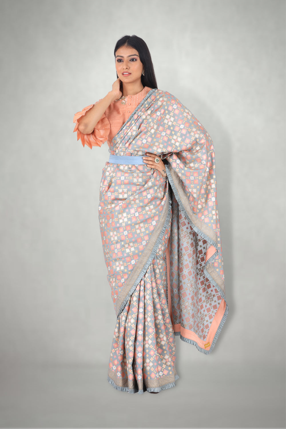 Mint Peach  Ikat Printed Silk Saree Only