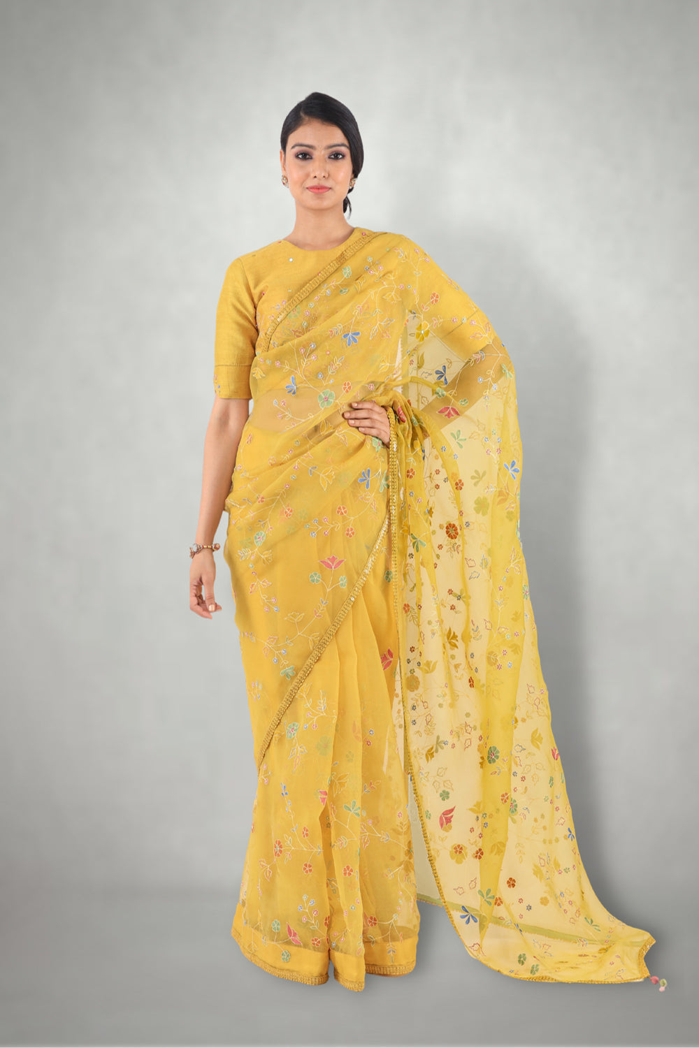 Mustard  Aari & Mirror Work Saree - Auraya Fashion - I am Design - #tag1# - #tag2# - #tag3# - #tag3#