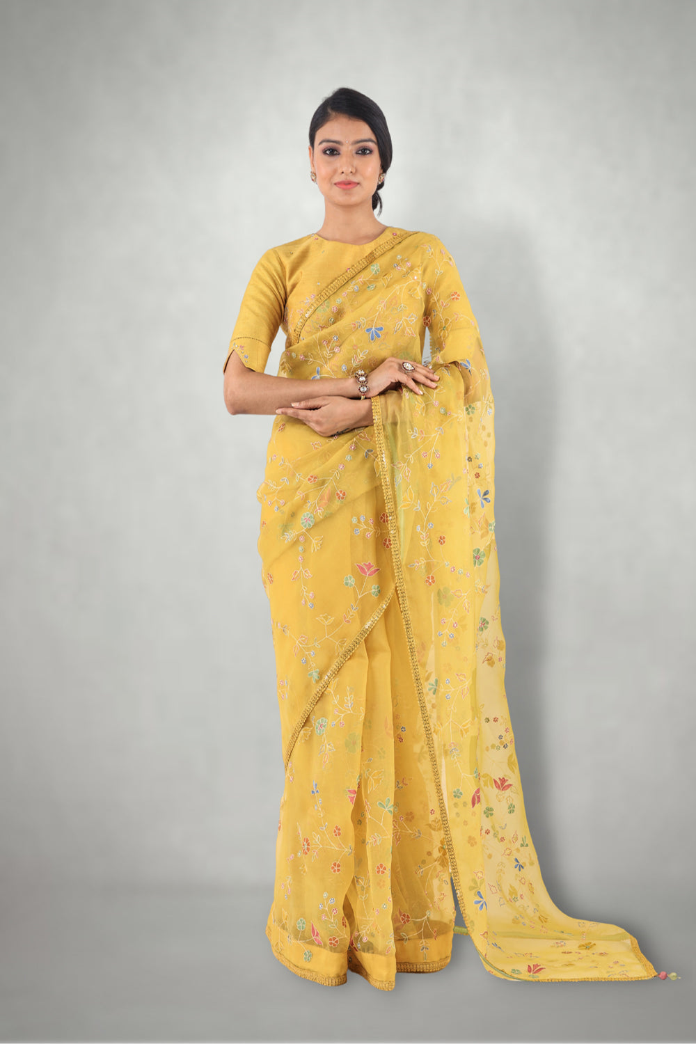 Mustard  Aari & Mirror Work Saree - Auraya Fashion -  - #tag1# - #tag2# - #tag3# - #tag3#