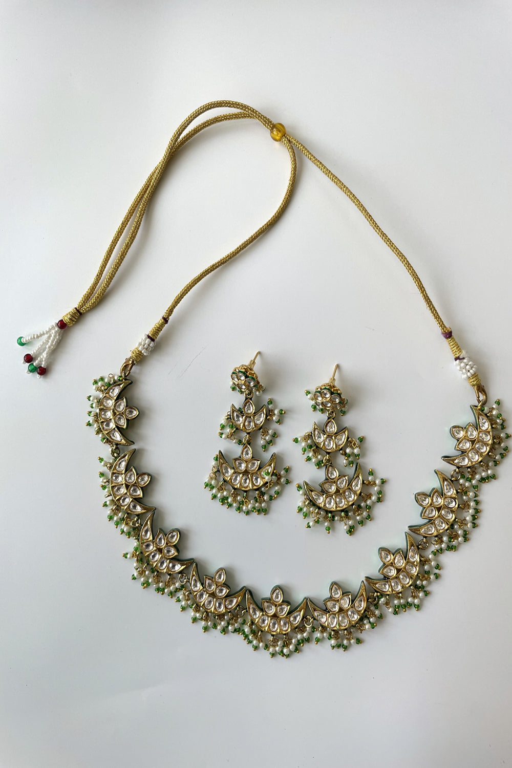 Gold Finish Kundan Necklace With Green Beads - Auraya Fashion - Studio6 Jewels - #tag1# - #tag2# - #tag3# - #tag3#