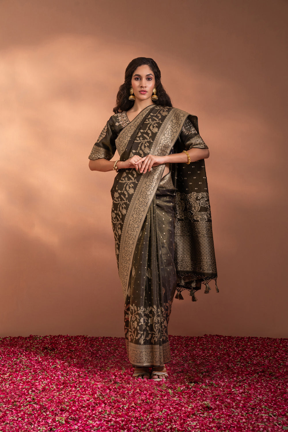 Dark Olive Banarasi Saree In Banarasi Silk Wih Zari & Moti Thread-Work. - Auraya Fashion - Riyaasat - #tag1# - #tag2# - #tag3# - #tag3#