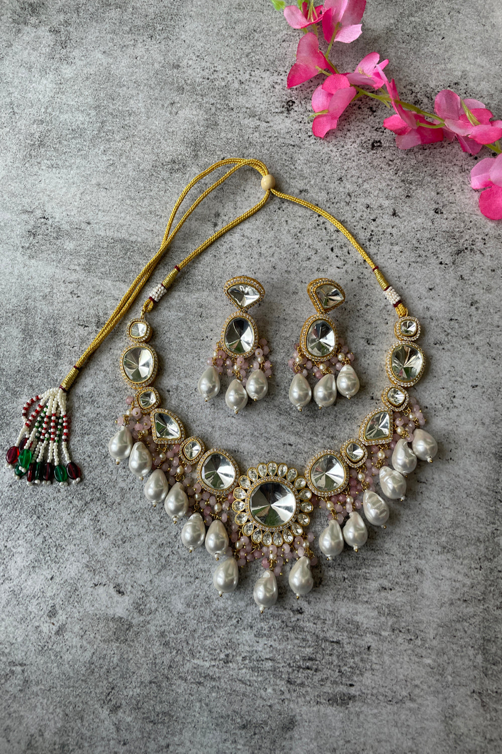 Gold Finish Kundan Necklace Set With Pearl Drops - Auraya Fashion - Studio6 Jewels - #tag1# - #tag2# - #tag3# - #tag3#