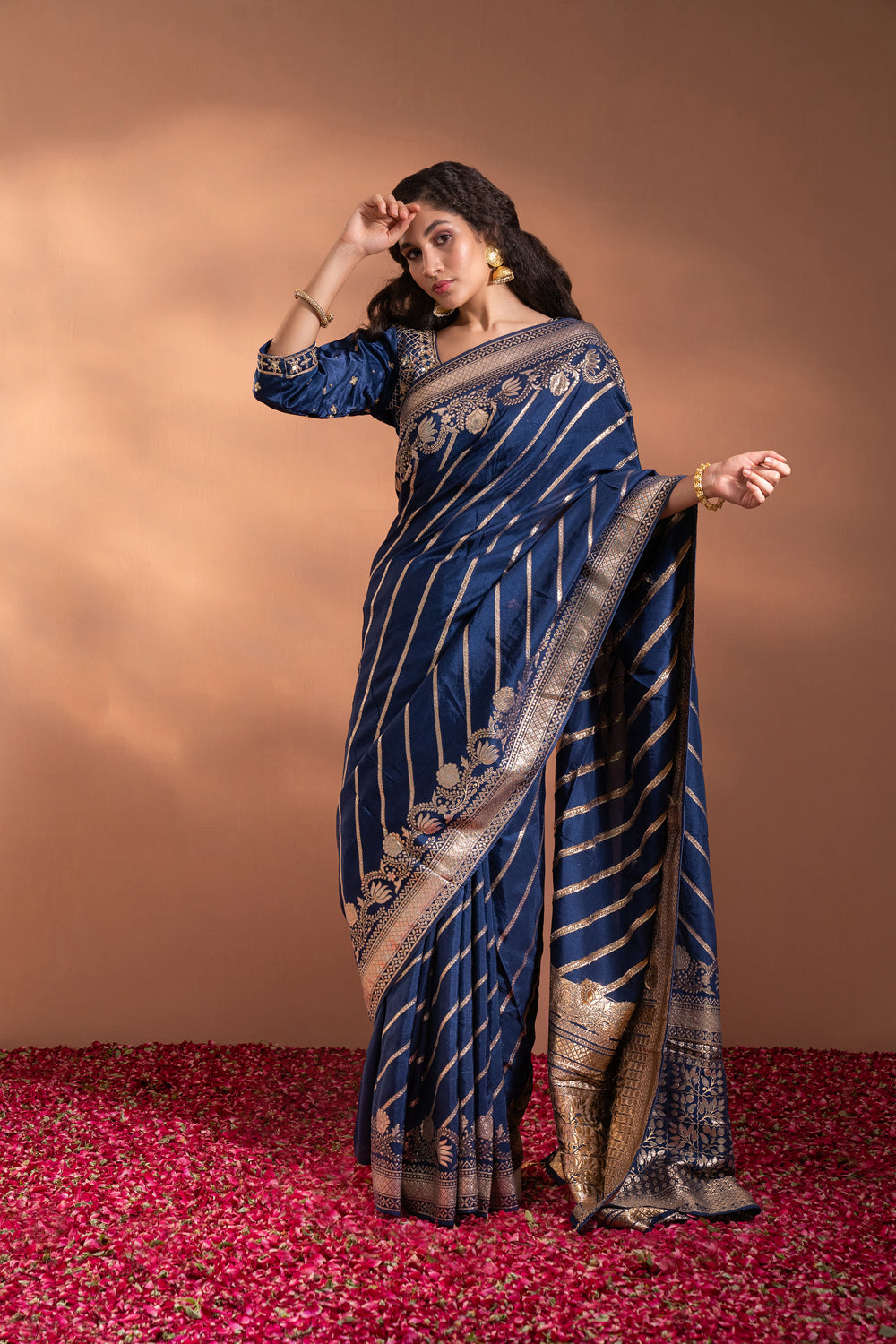 Royal Blue Banarasi Saree In Banarasi Silk Wih  Zari, Moti & Threadwork. - Auraya Fashion - Riyaasat - #tag1# - #tag2# - #tag3# - #tag3#