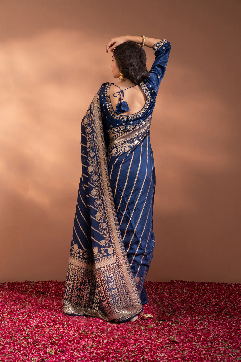 Royal Blue Banarasi Saree In Banarasi Silk Wih  Zari, Moti & Threadwork. - Auraya Fashion -  - #tag1# - #tag2# - #tag3# - #tag3#