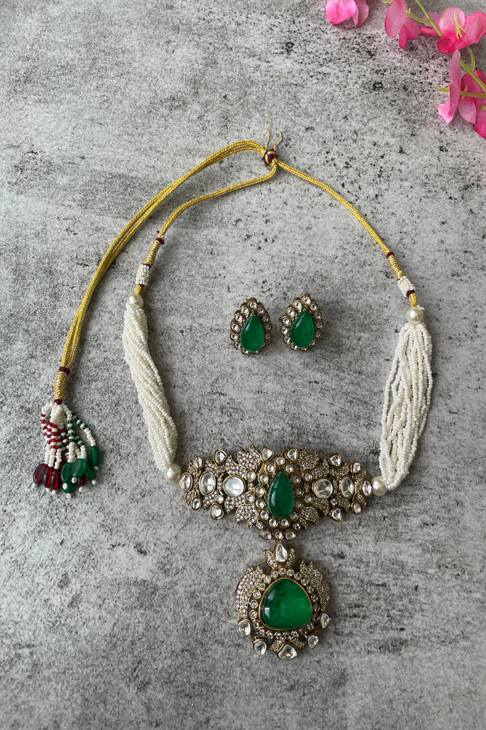 Kundan Necklace Set With Pearls And Green Stones - Auraya Fashion - Studio6 Jewels - #tag1# - #tag2# - #tag3# - #tag3#