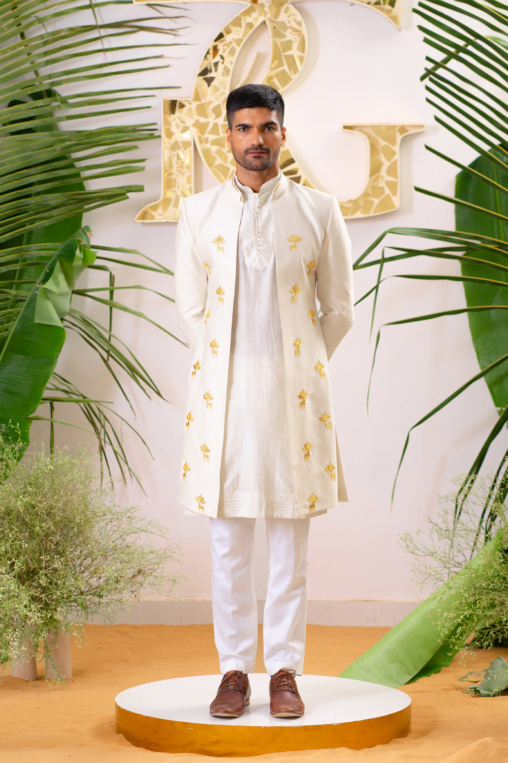 Dusty Ivory Reindeer Sherwani Set - Auraya Fashion - Runit Gupta - #tag1# - #tag2# - #tag3# - #tag3#