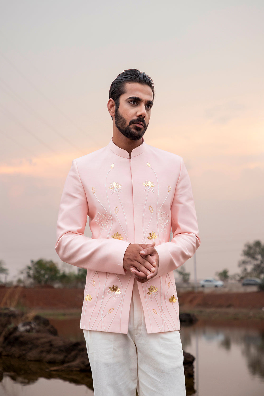 Soft Pink Lotus Embroidered Jodhpuri Set - Auraya Fashion -  - #tag1# - #tag2# - #tag3# - #tag3#