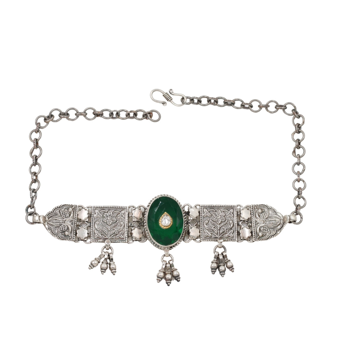 Majestic Glow: Silver Necklace with Emerald Details by Sangeeta Boochra