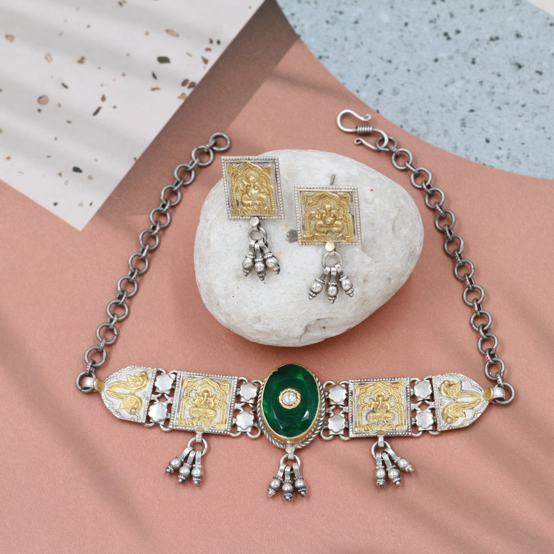 Radiant Duo: Sangeeta Boochra Silver and Emerald Necklace Set