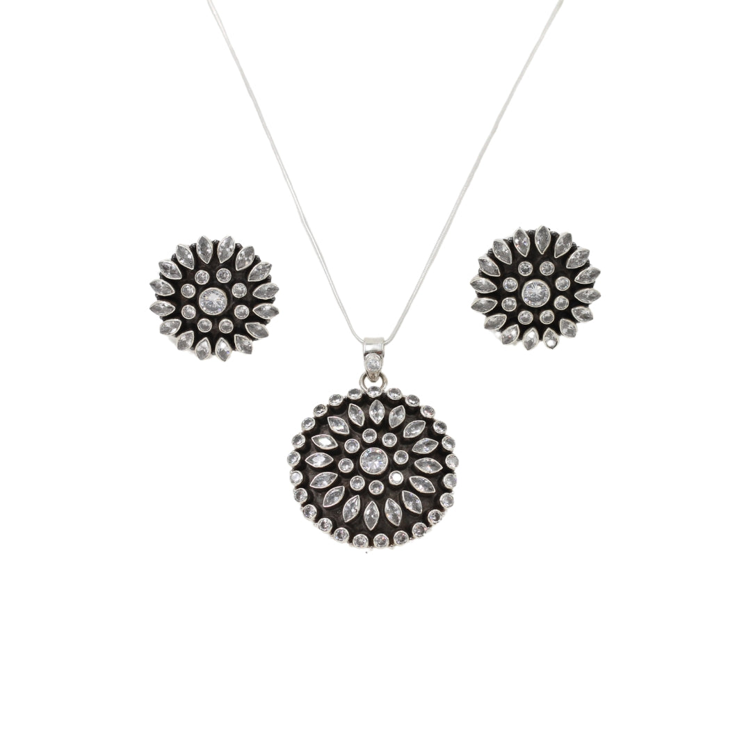 Elegant Duo: Sangeeta Boochra Silver Handcrafted Earring and Chain Pendant