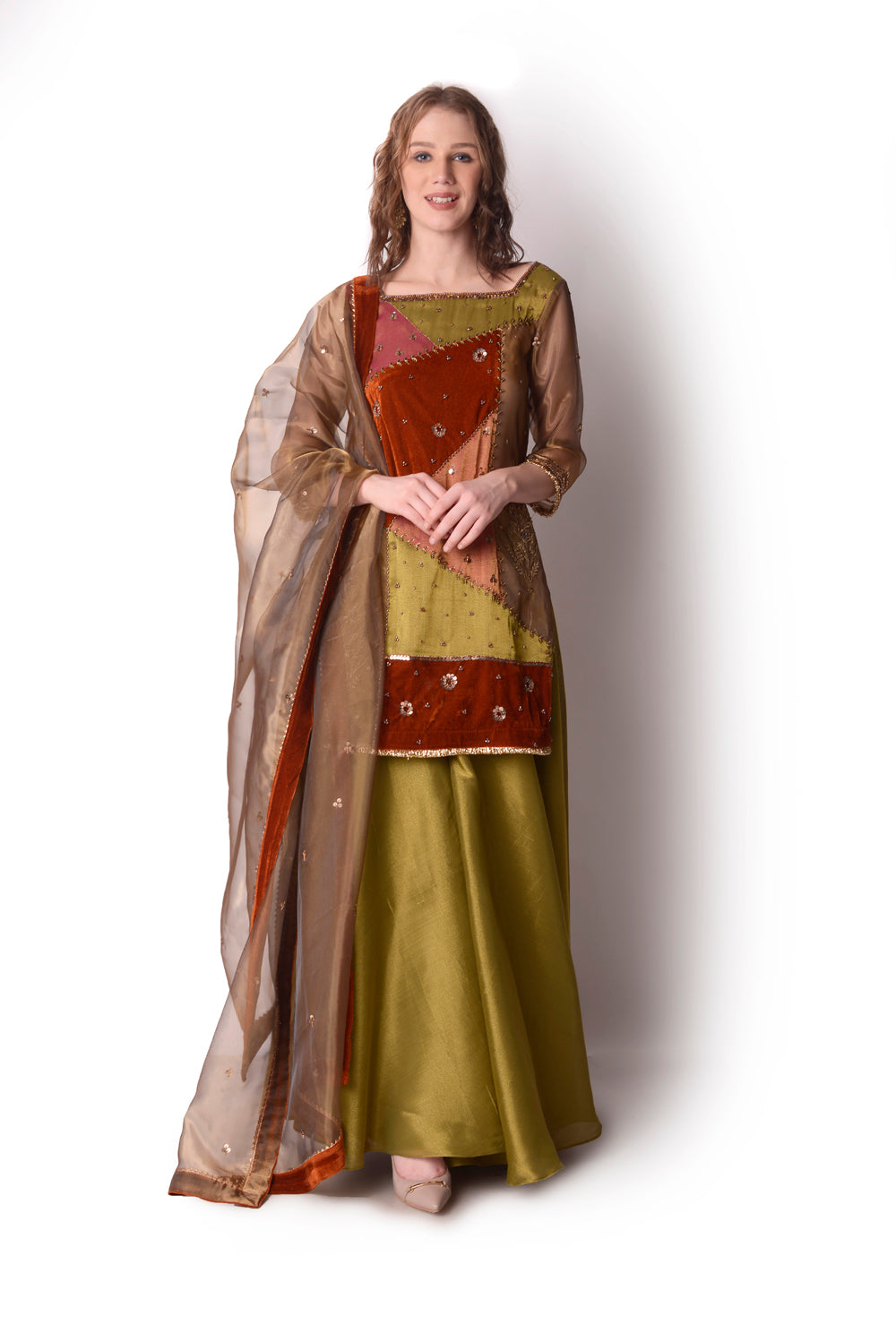 Rust  Olive  Gold Kurta Set - Auraya Fashion - Shwetanga Designs - #tag1# - #tag2# - #tag3# - #tag3#