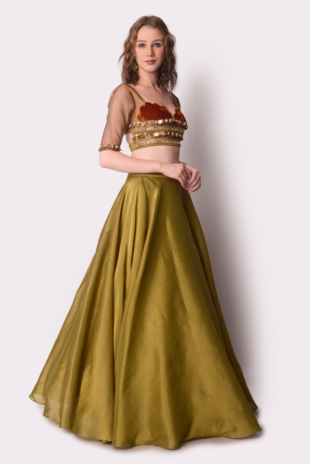 Rust  Olive Lehenga Set - Auraya Fashion -  - #tag1# - #tag2# - #tag3# - #tag3#