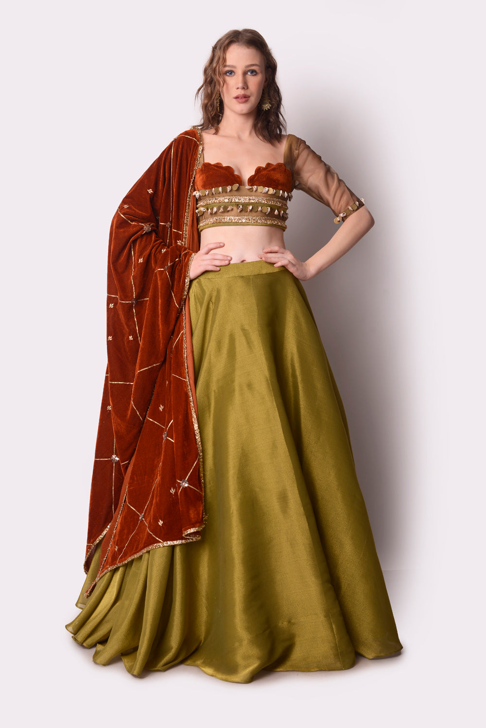 Rust  Olive Lehenga Set - Auraya Fashion - Shwetanga Designs - #tag1# - #tag2# - #tag3# - #tag3#