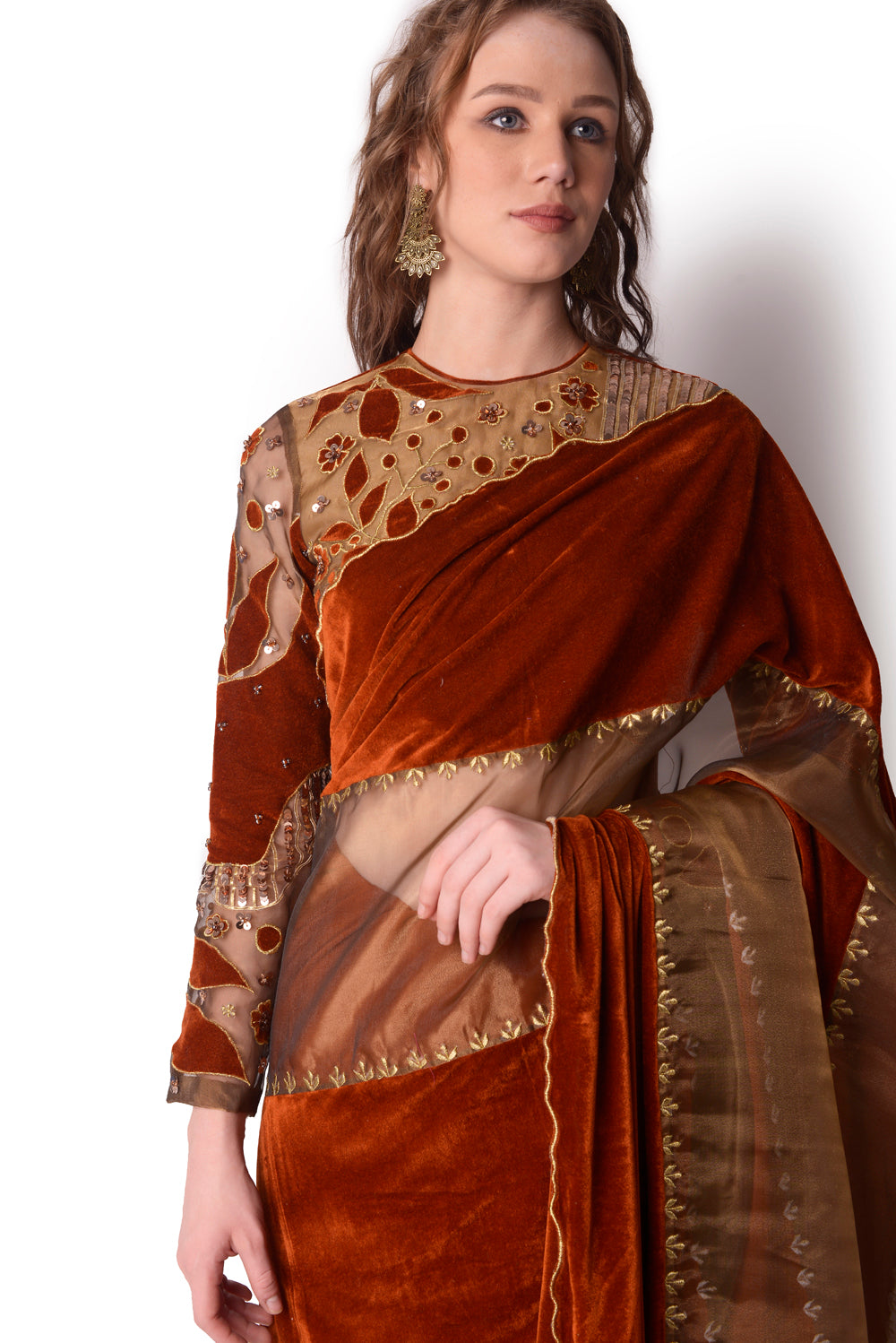 Rust  Gold Saree Set - Auraya Fashion -  - #tag1# - #tag2# - #tag3# - #tag3#