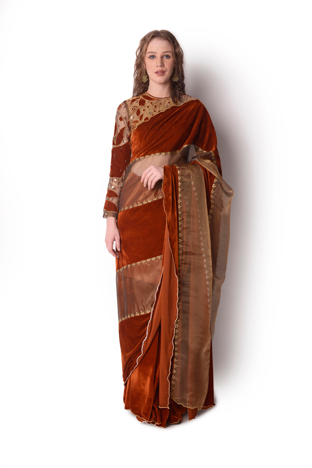 Rust  Gold Saree Set - Auraya Fashion - Shwetanga Designs - #tag1# - #tag2# - #tag3# - #tag3#