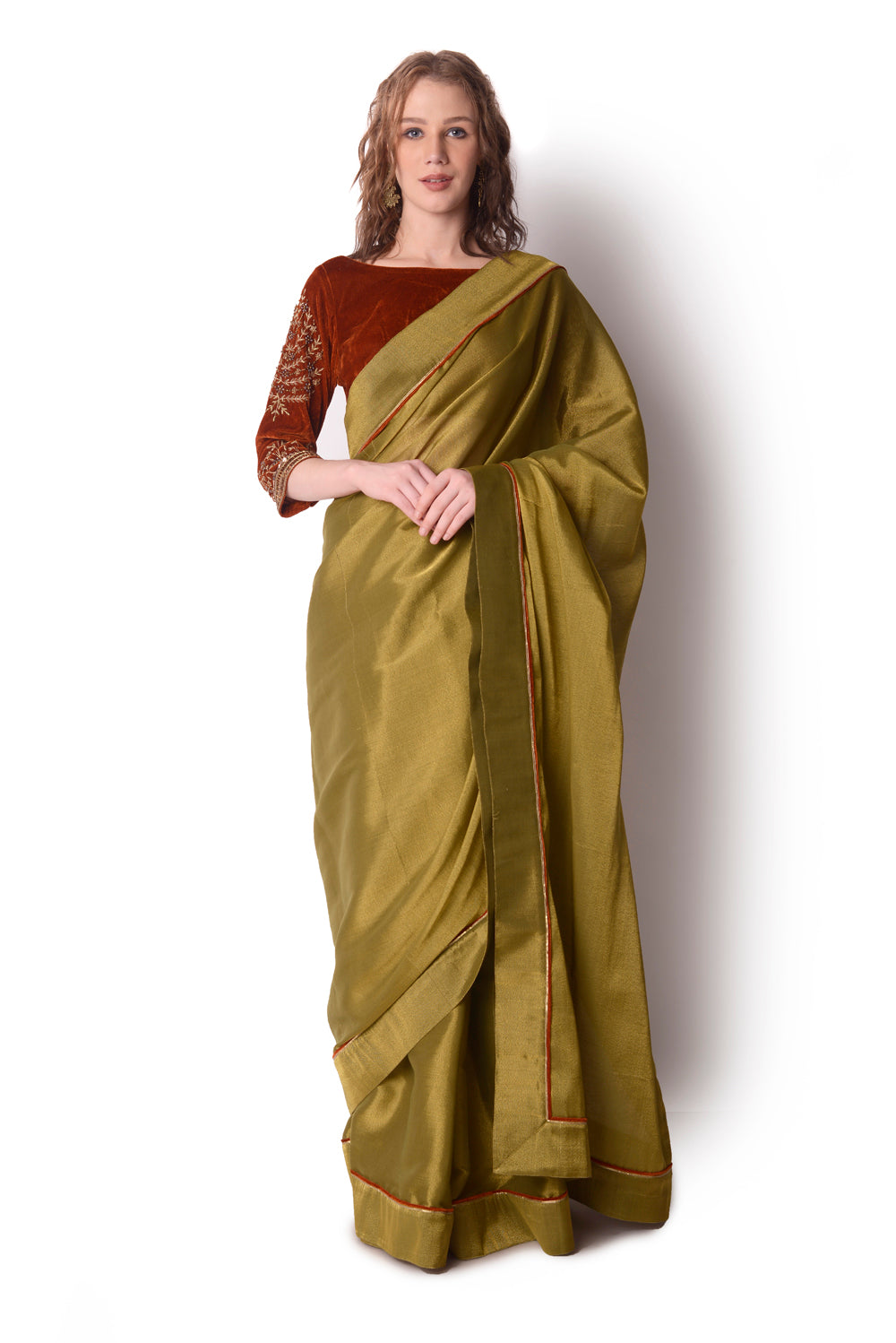 Rust  Olive Saree Set - Auraya Fashion - Shwetanga Designs - #tag1# - #tag2# - #tag3# - #tag3#