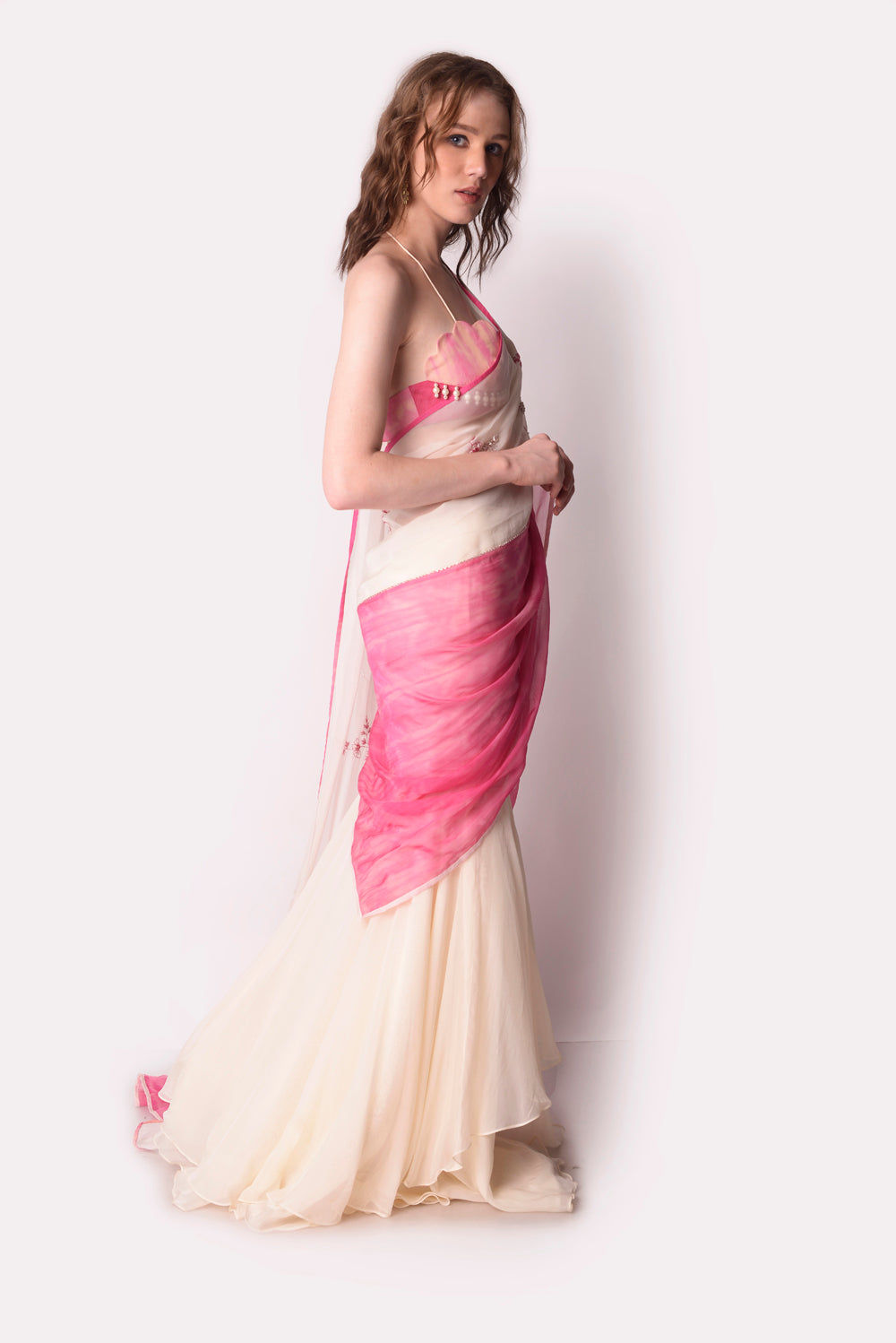 Rose Pink  Ivory Saree Set - Auraya Fashion -  - #tag1# - #tag2# - #tag3# - #tag3#