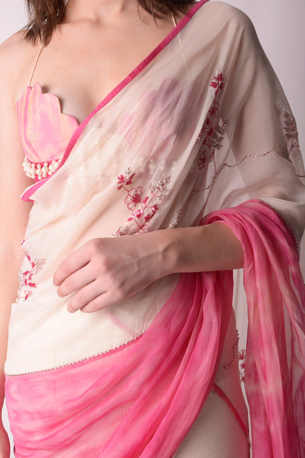 Rose Pink  Ivory Saree Set - Auraya Fashion -  - #tag1# - #tag2# - #tag3# - #tag3#