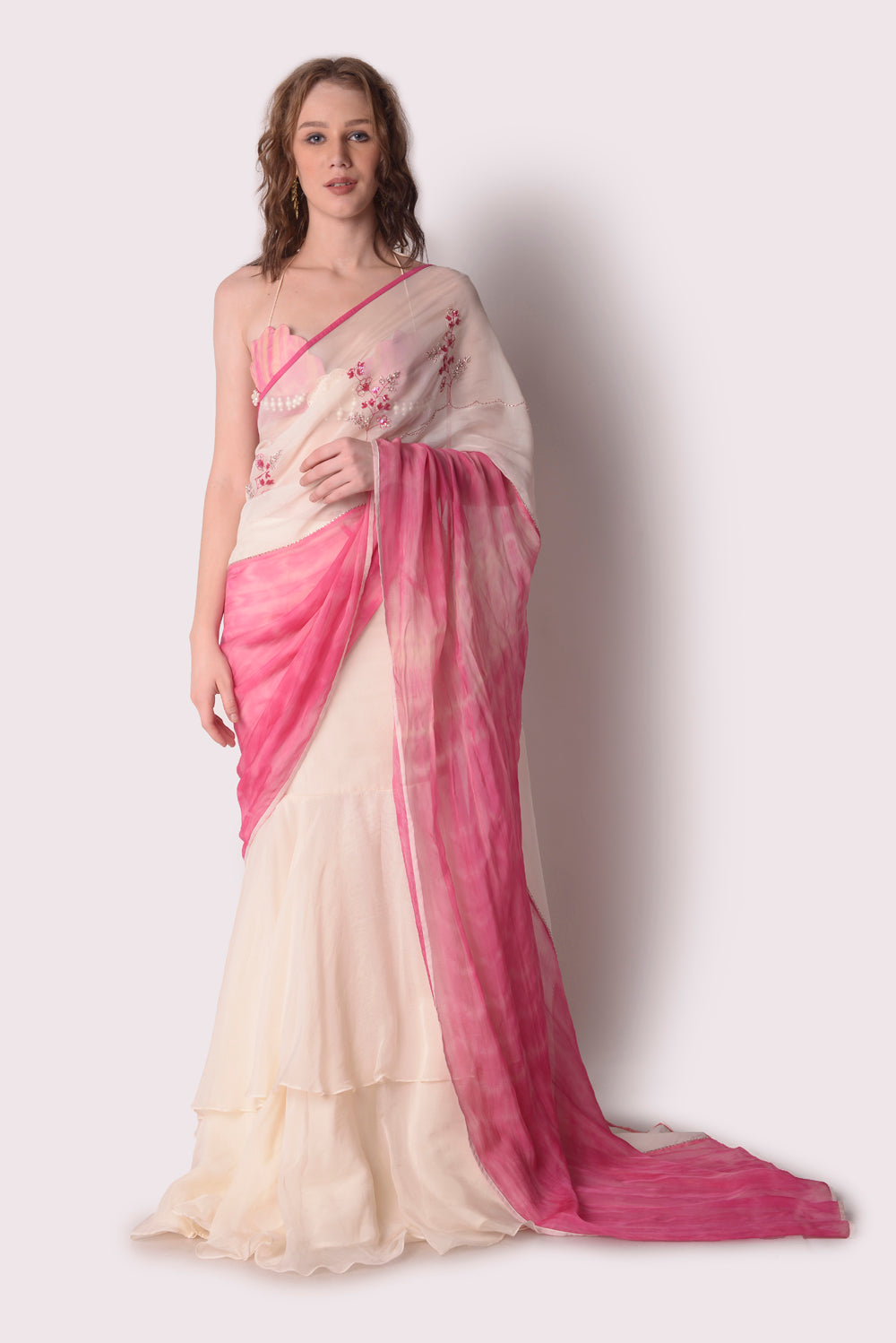 Rose Pink  Ivory Saree Set - Auraya Fashion - Shwetanga Designs - #tag1# - #tag2# - #tag3# - #tag3#