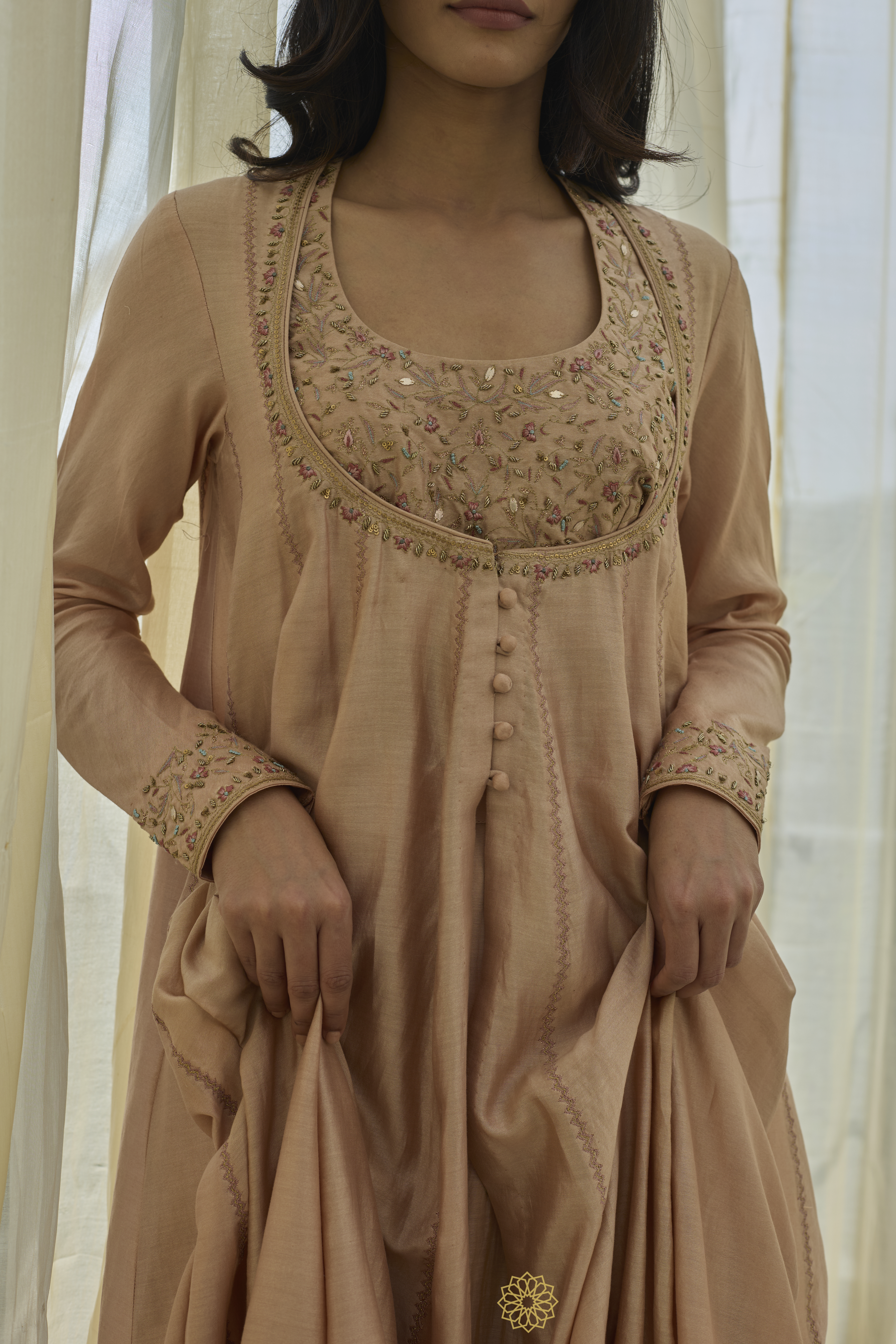 EKAYA - Soft Salmon Pink Chanderi Anarkali, Tonal Sharara, Embroidered Gold Ari & Zardosi Blouse