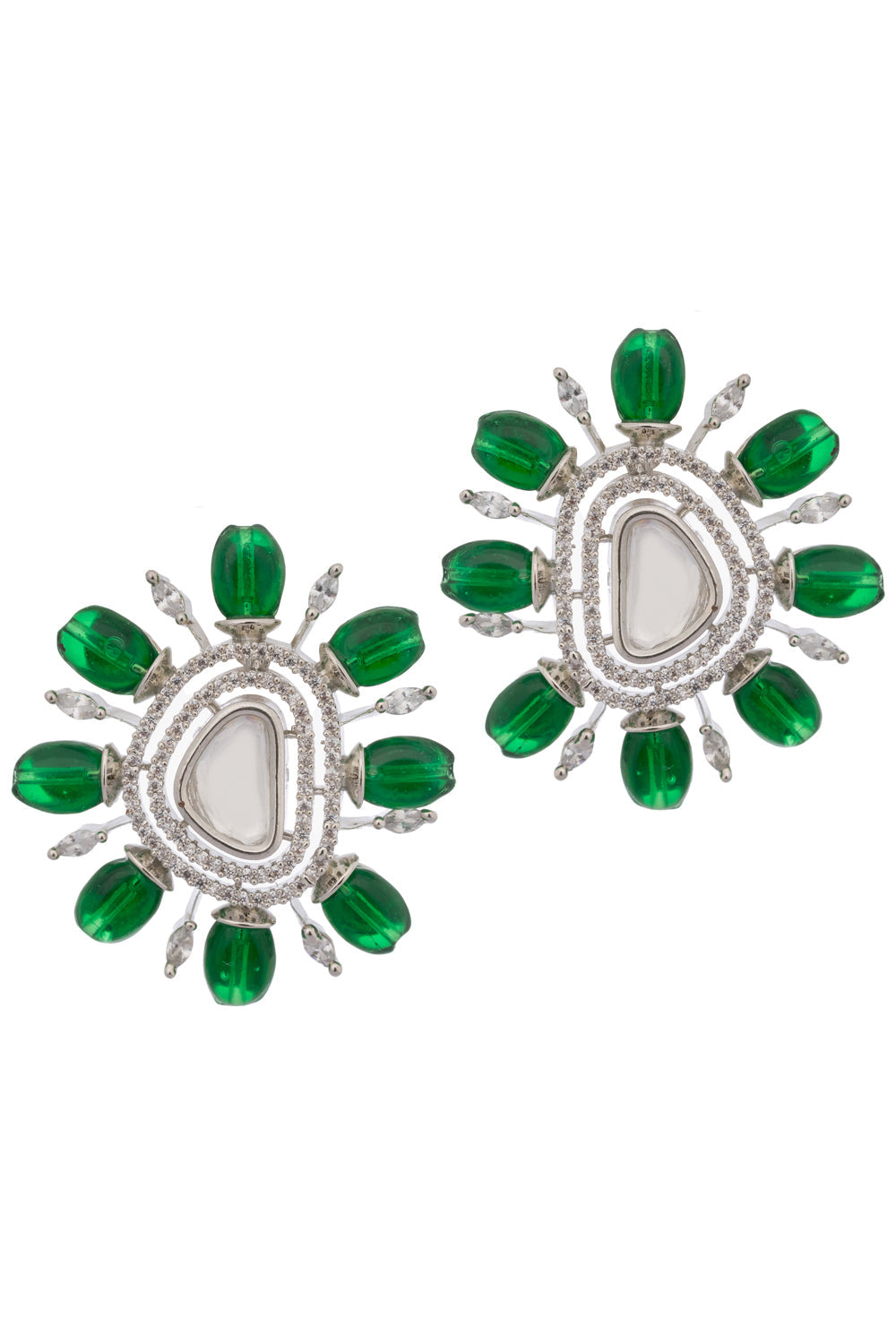 Silver Plated Green Color Stone Kundan Floral Earring