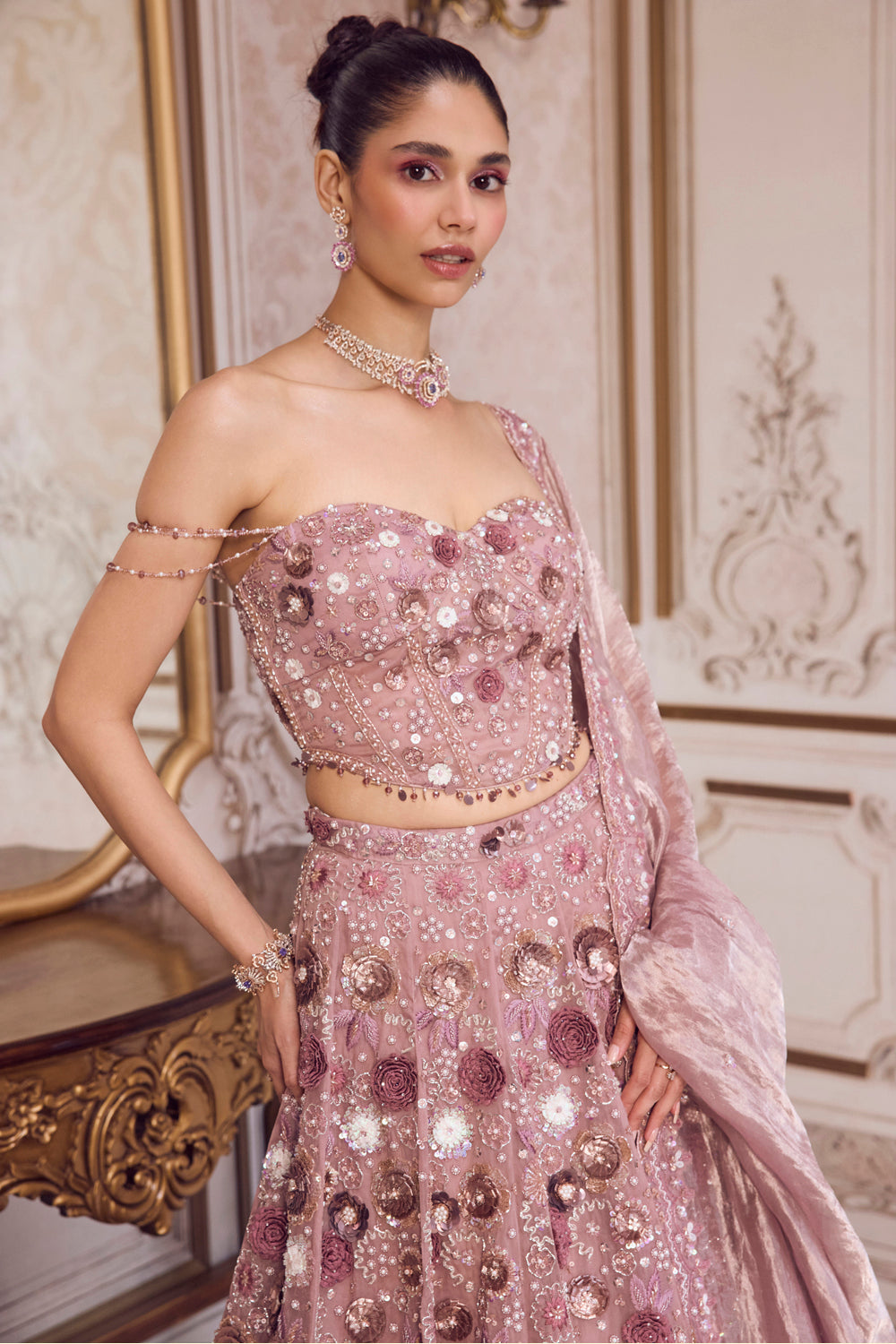 Champagne Rose Lehenga With Corset Set
