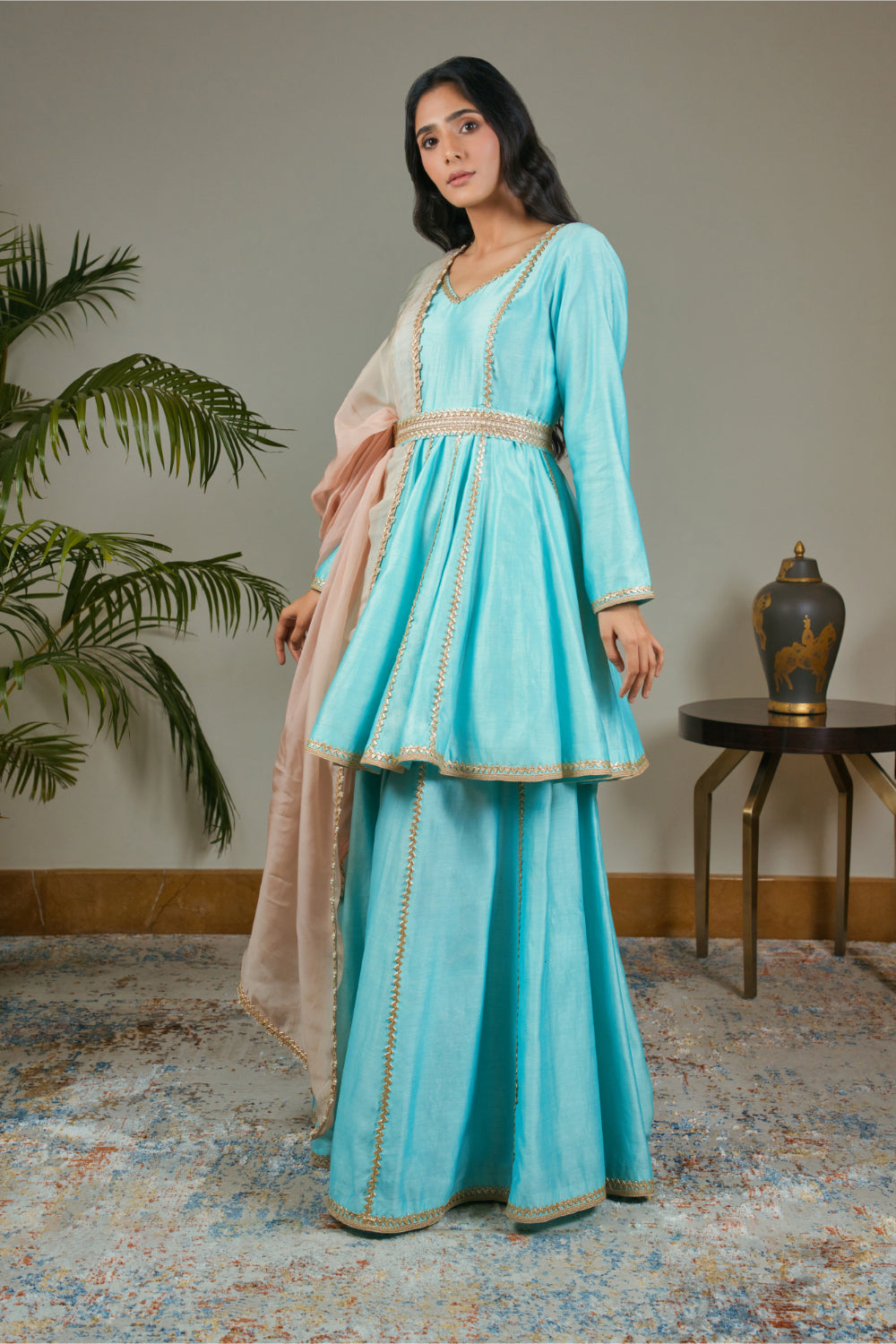 Ice Blue  Peplum Anarkali Paired With Sharara And Dusty Pink Dupatta - Auraya Fashion 