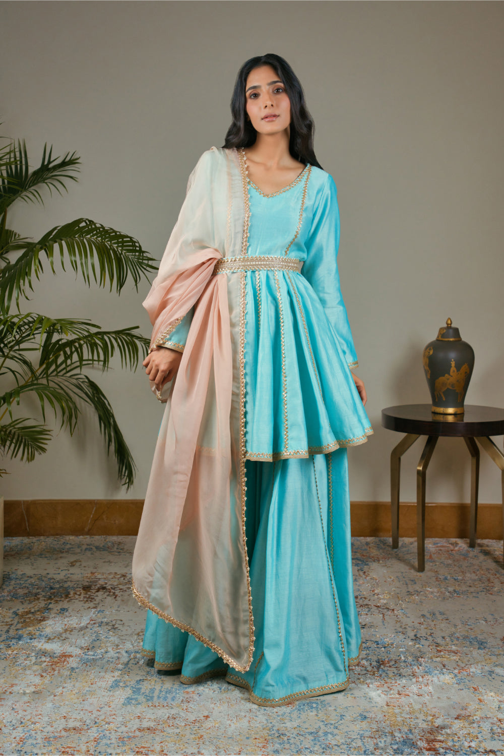 Ice Blue  Peplum Anarkali Paired With Sharara And Dusty Pink Dupatta - Auraya Fashion - Guldavari - 