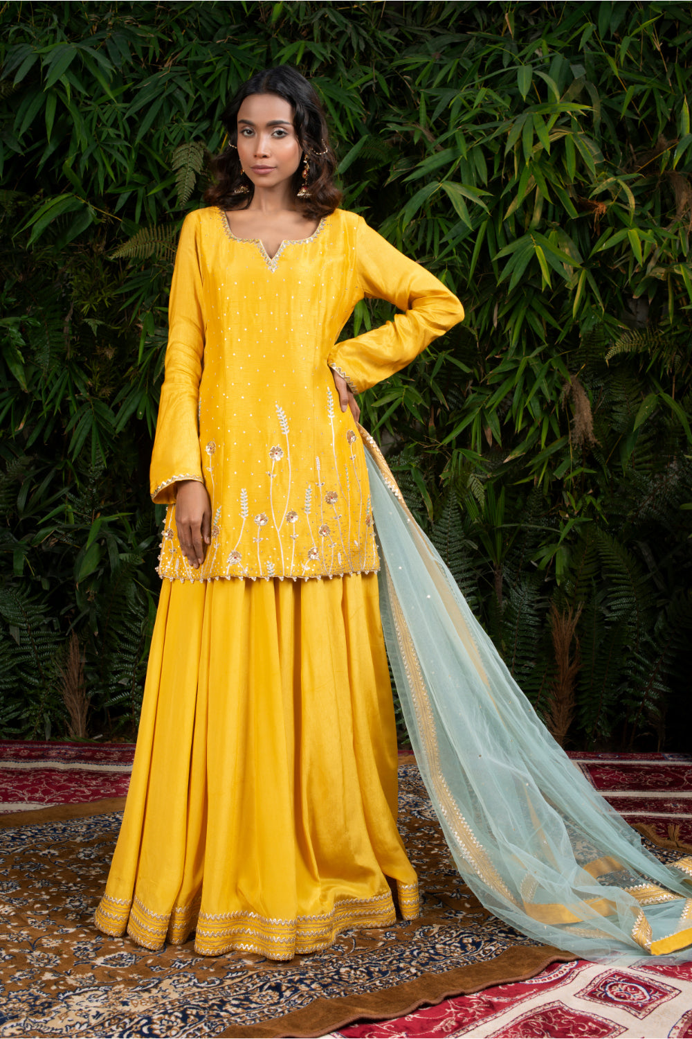 Yellow Raw Silk Kurti Paired With Chiffon Sharar And Ice Blue Tulle Dupptat