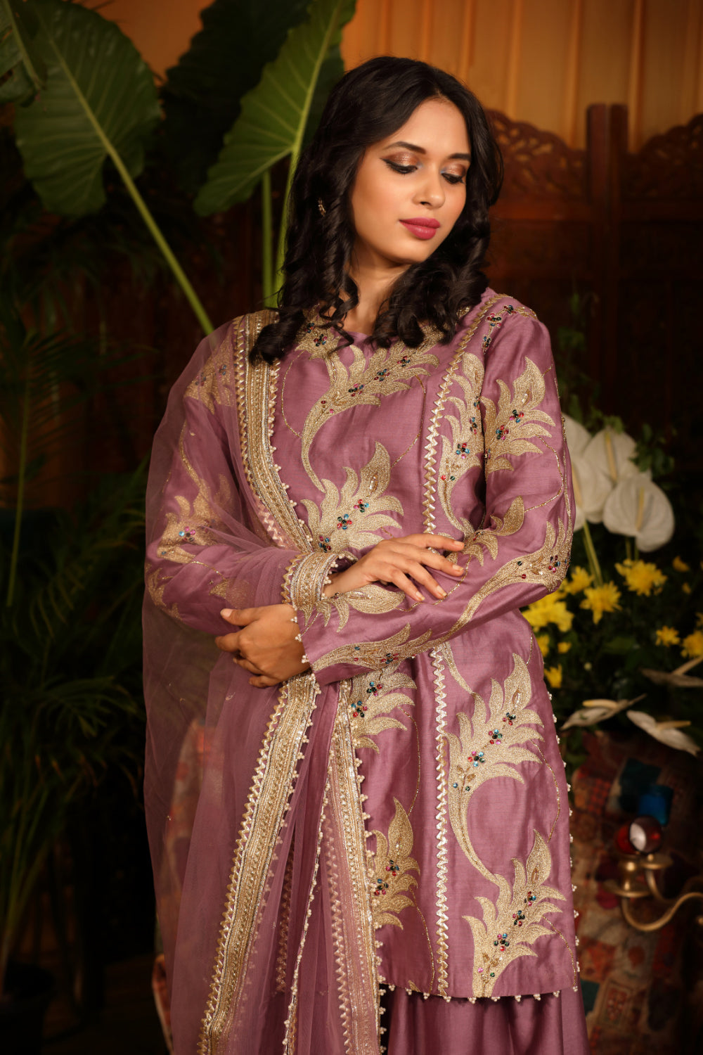 Purple Chanderi Silk Kurti  Paired With Gotta Sharar And Tulle Dupatta - Auraya Fashion 