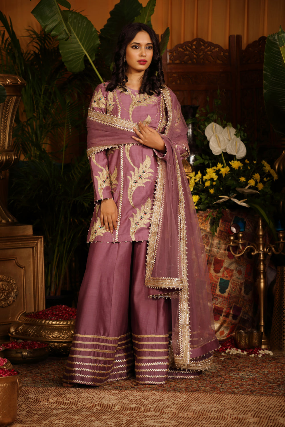 Purple Chanderi Silk Kurti  Paired With Gotta Sharar And Tulle Dupatta - Auraya Fashion - Guldavari - 