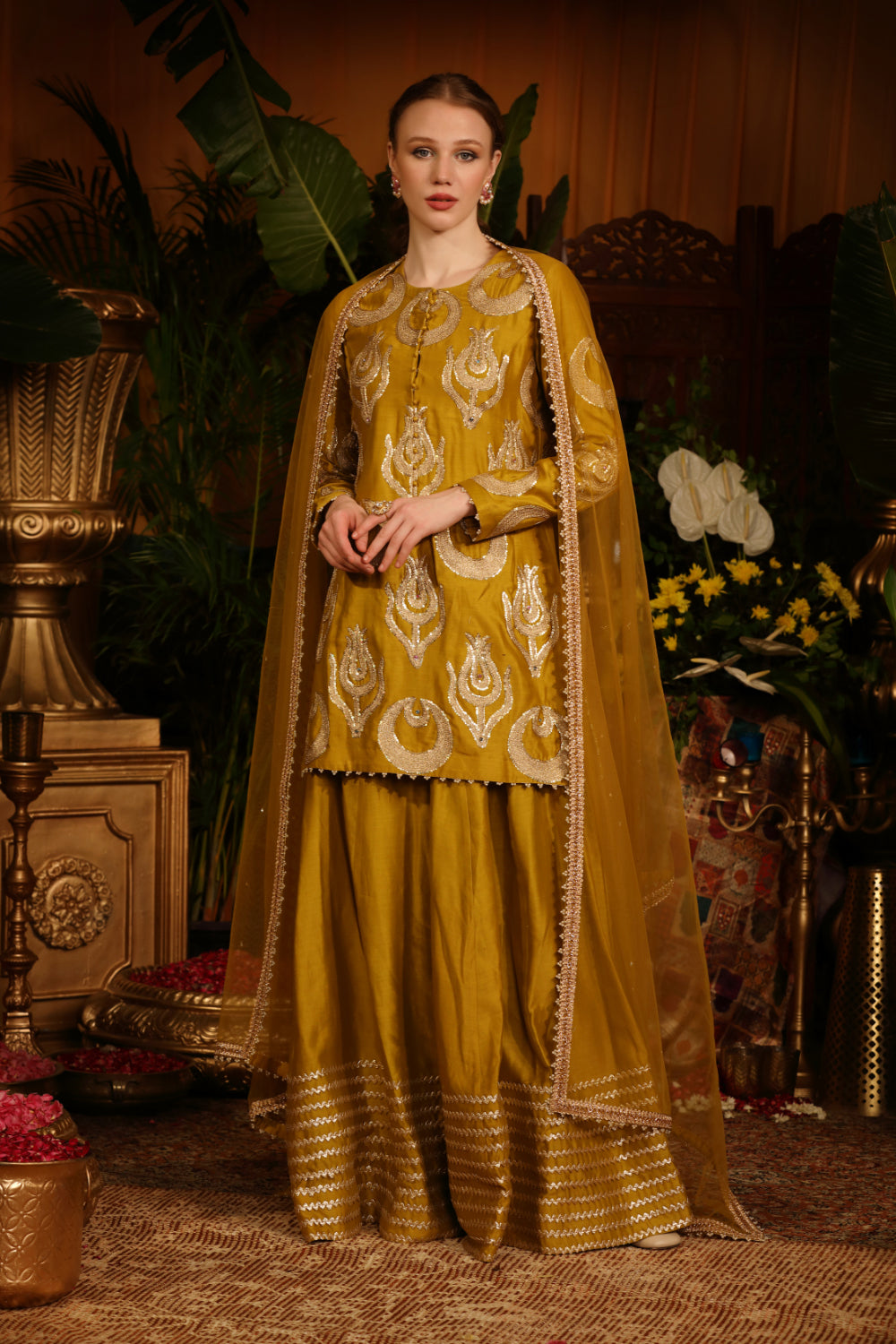 Mustard Chanderi Silk  Paired With  Sharar And  Dupatta - Auraya Fashion - Guldavari - 