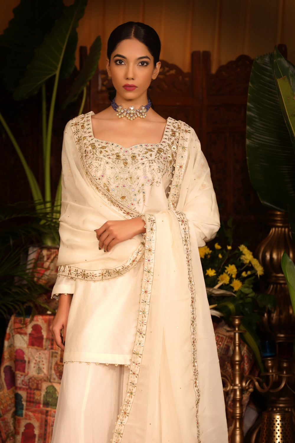 Ivory Chanderi Silk Kurti Paired With Georgette Sharara And Silk Organza Dupatta - Auraya Fashion 