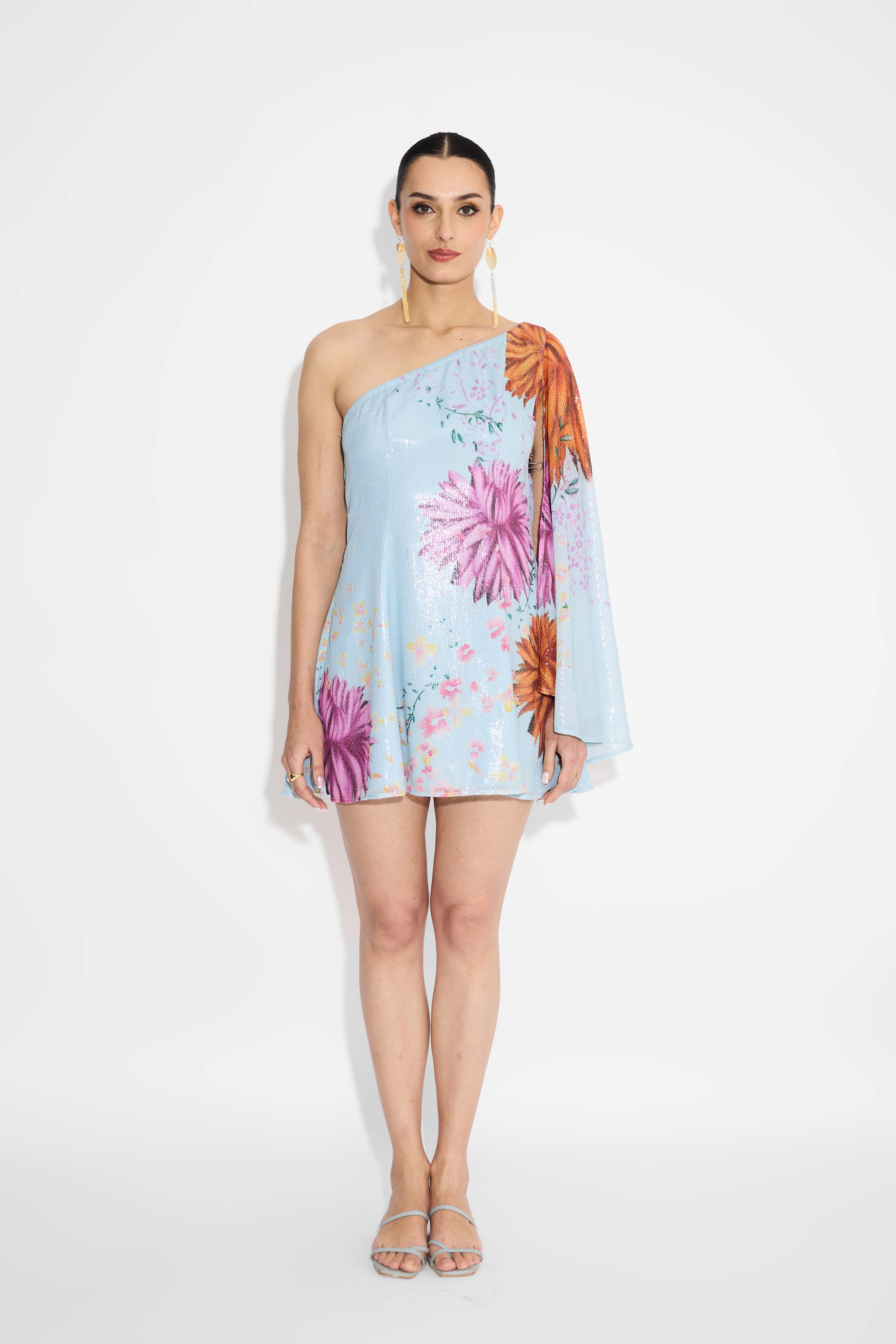 Floral One Shoulder Sequins Dress