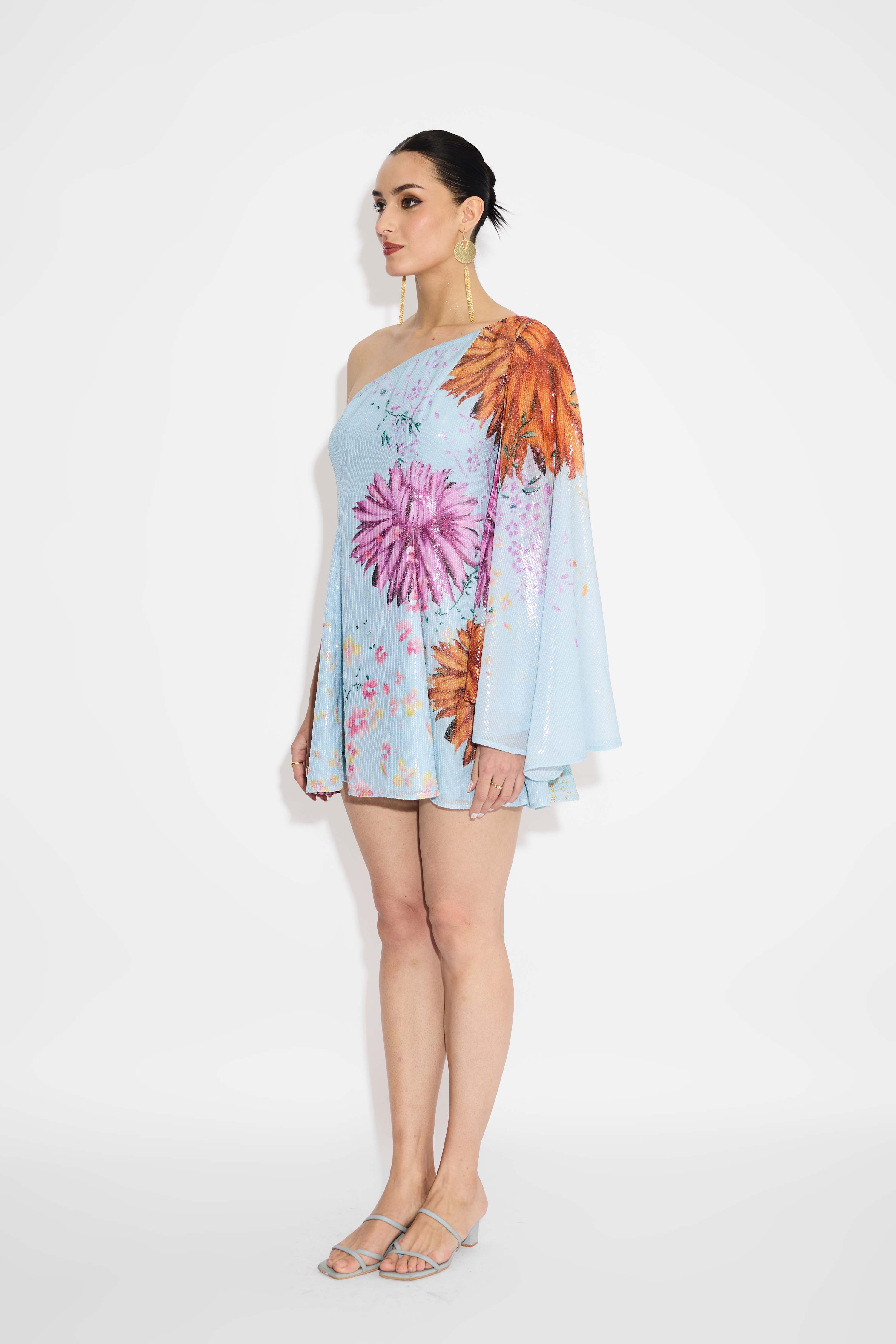 Floral One Shoulder Sequins Dress