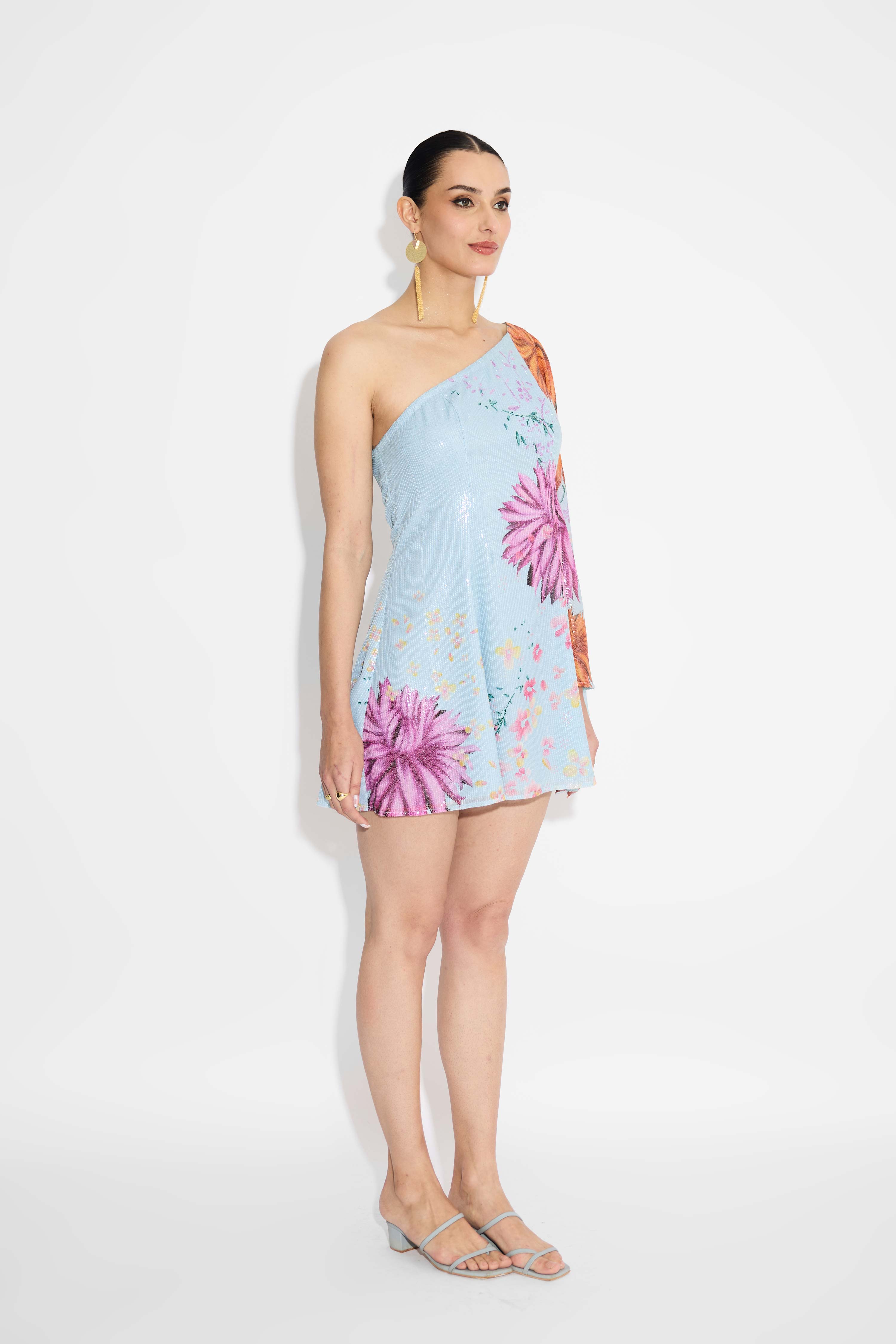 Floral One Shoulder Sequins Dress